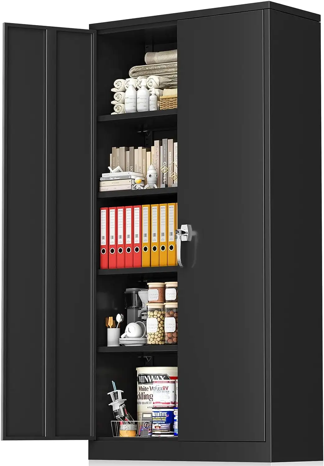 71 Metal Garage Storage Cabinet with Locking Doors and Adjustable Shelves for Home. Office(Black)