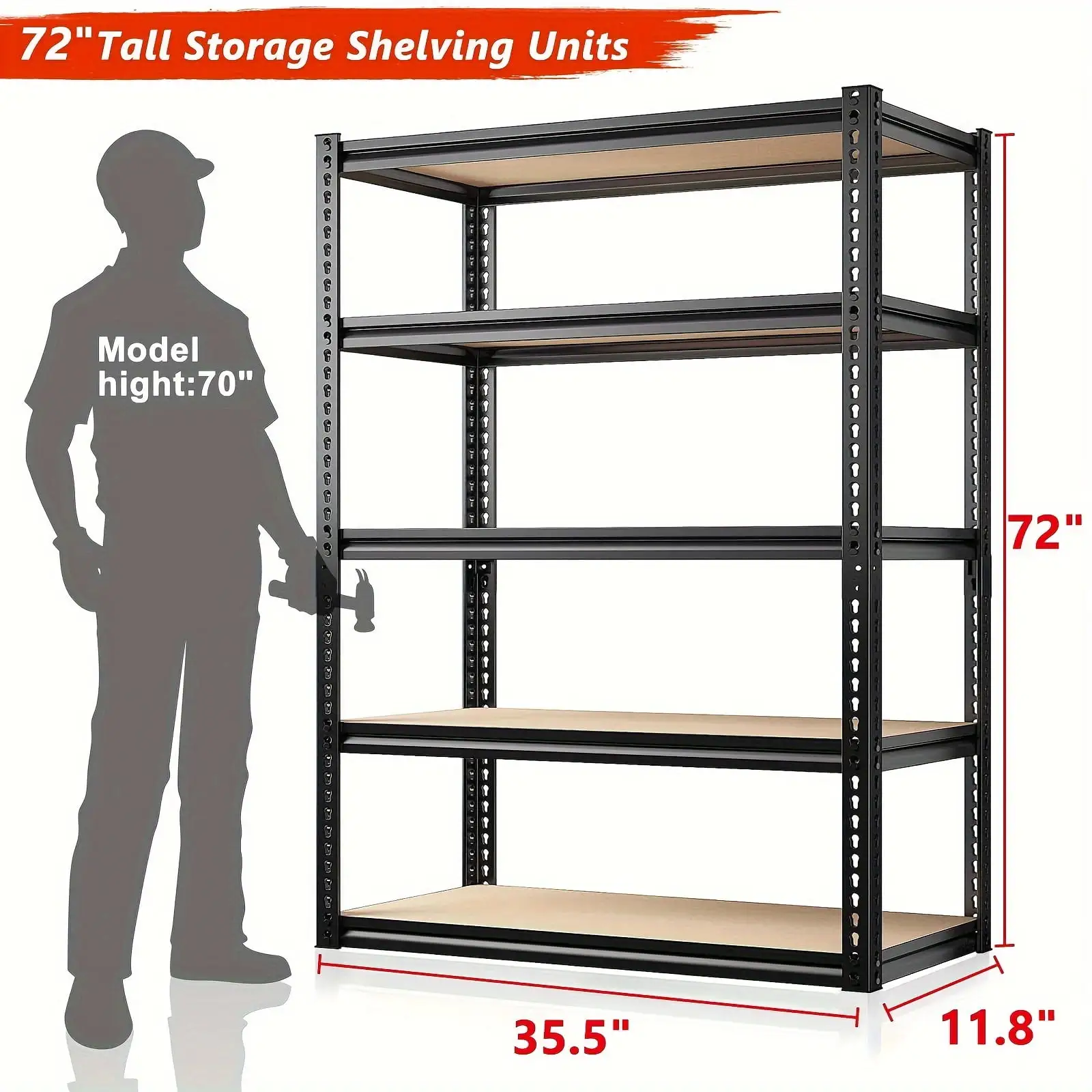 72 Garage Shelving Heavy Duty Storage Shelves 2000LBS Garage Shelves 5 Tier Metal Storage Shelving Unit Adjustable Garage Storage Shelves for Craft Warehouse Pantry Basement 72''*35.5''*11.8''