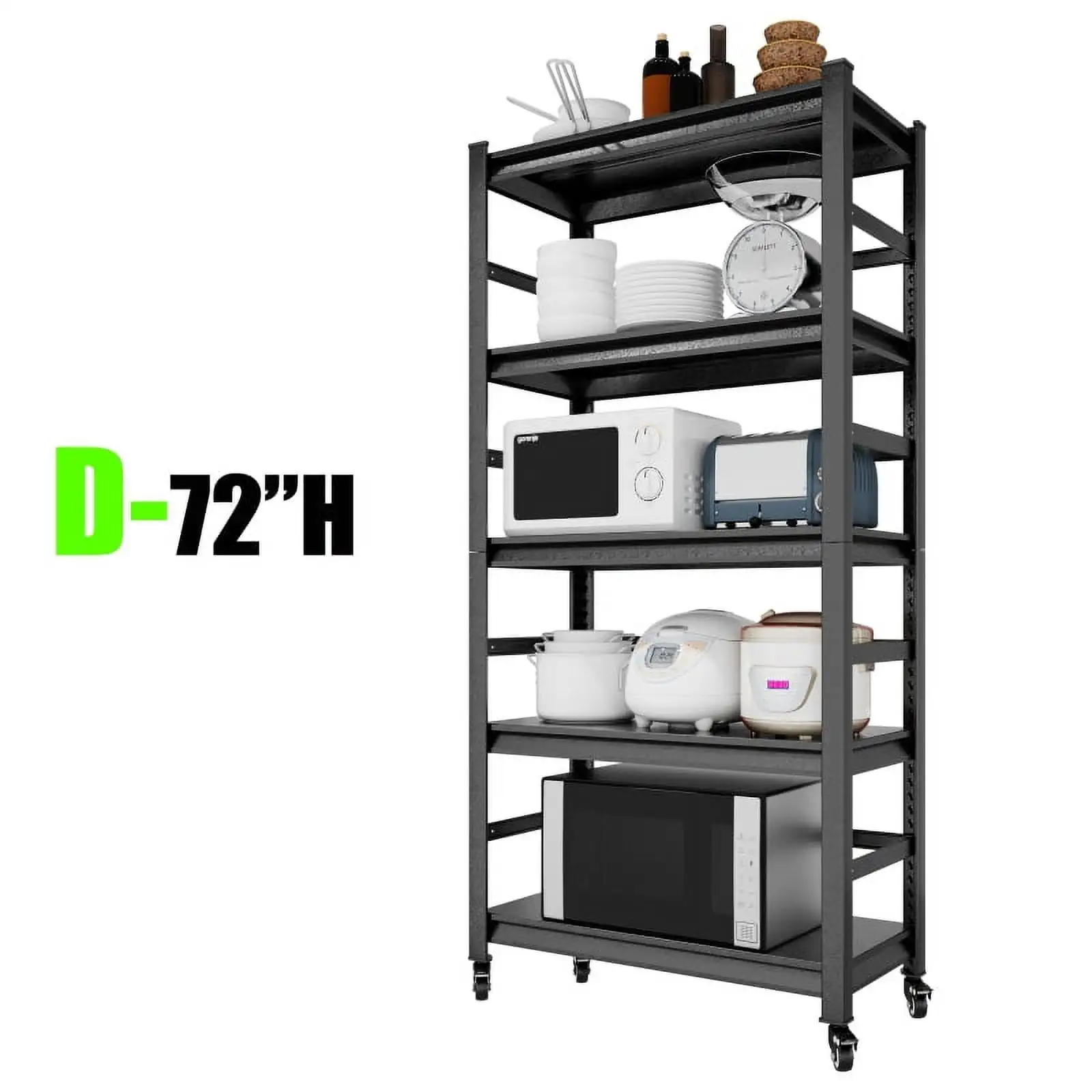 72H Heavy Duty Storage Shelves Adjustable 5-Tier Metal Shelving Unit with Wheels for 1750LBS Load Kitchen. Garage. Pantry. and More