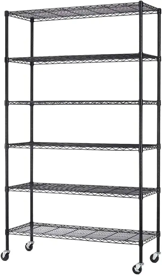 72x48x18 6 Tire Wire Shelving Unit NSF Storage Shelves Large Heavy Duty Metal Shelf Organizer Height Adjustable Commercial Grade Steel Rack 2100 LBS Capacity with Wheels.Black