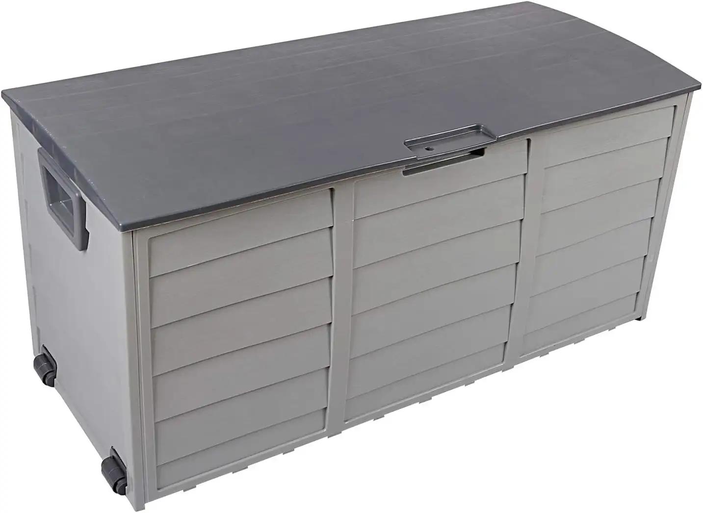 75 Gallon Resin Deck Box. Waterproof Outdoor Storage Box with Wheels. Lockable Lid and Handles. Large Deck Storage for Outdoor Gear. Patio Furniture Cushion. Gardening Tools