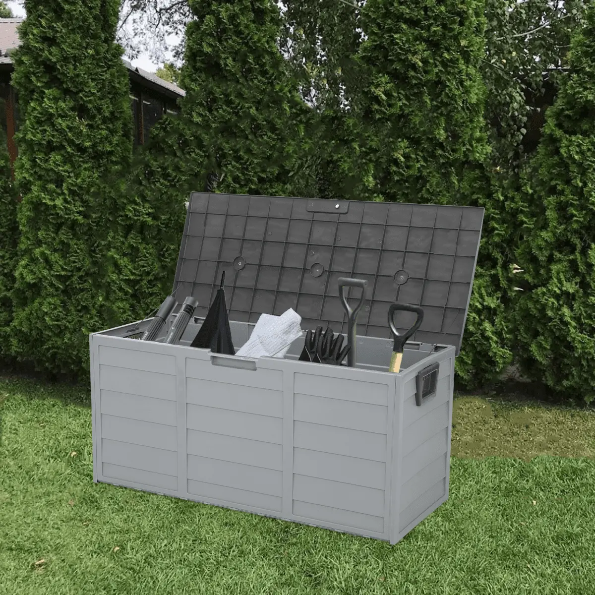 75gal Plastic Yard Storage Box with 2 Wheels & Lockable Seat.Outdoor Storage Deck Box Chest for Backyard. Porch. Patio. Garden. Grey