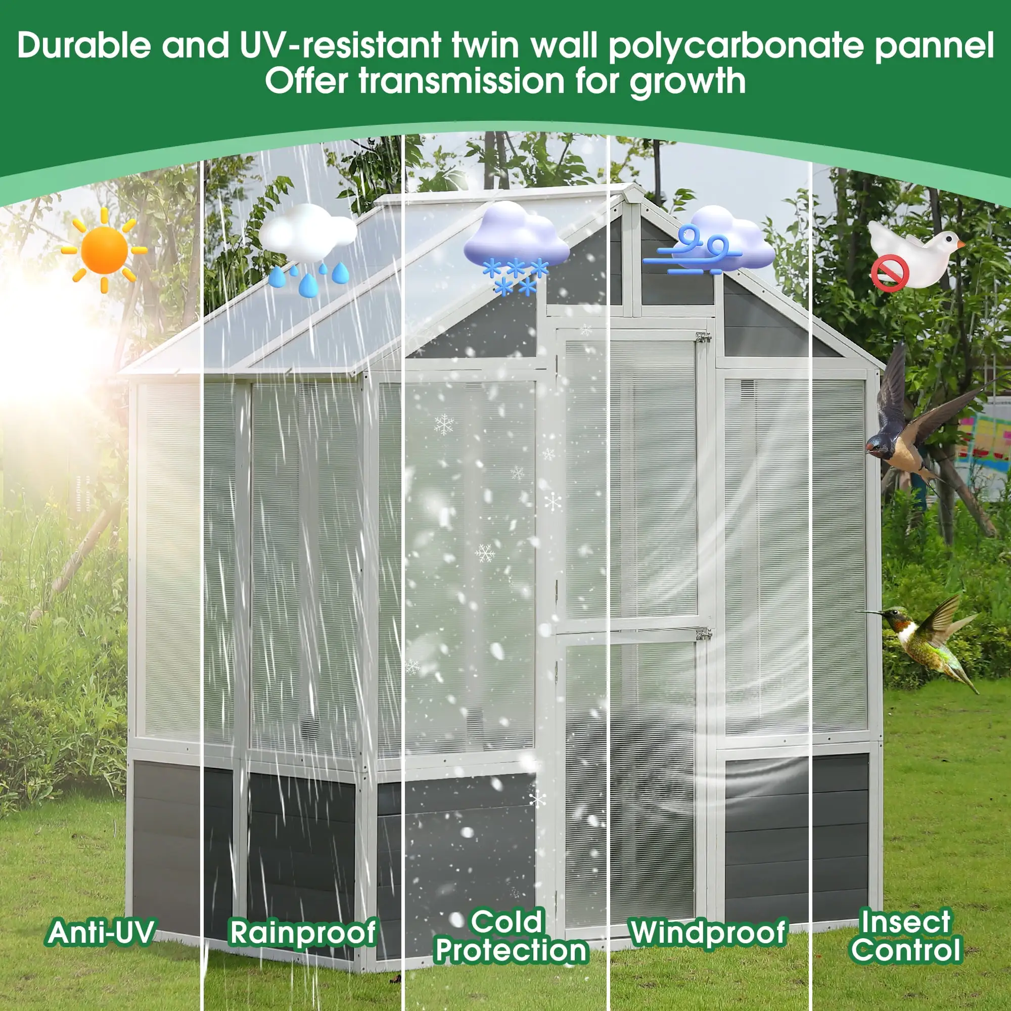 76''x48''x86'' Polycarbonate Greenhouse. Walk-in Outdoor Plant Gardening Greenhouse for Patio Backyard Lawn. Cold Frame Wooden Greenhouse Garden Shed for Plants. Grow House with Front Entry Door