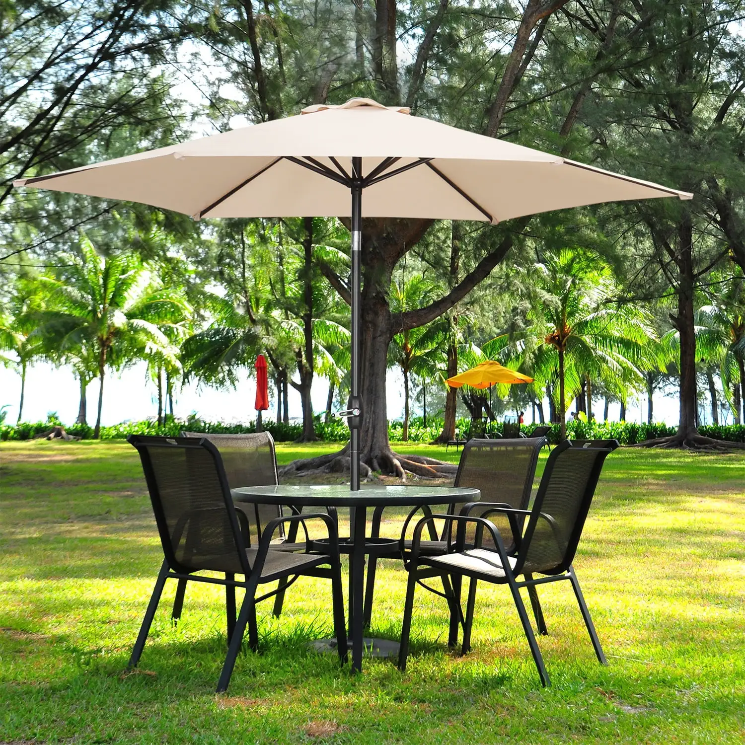 Ainfox 9ft Patio Umbrella Outdoor Portable Table Market Umbrella with Push Button Tilt/Crank Waterproof UV-proof. Khaki