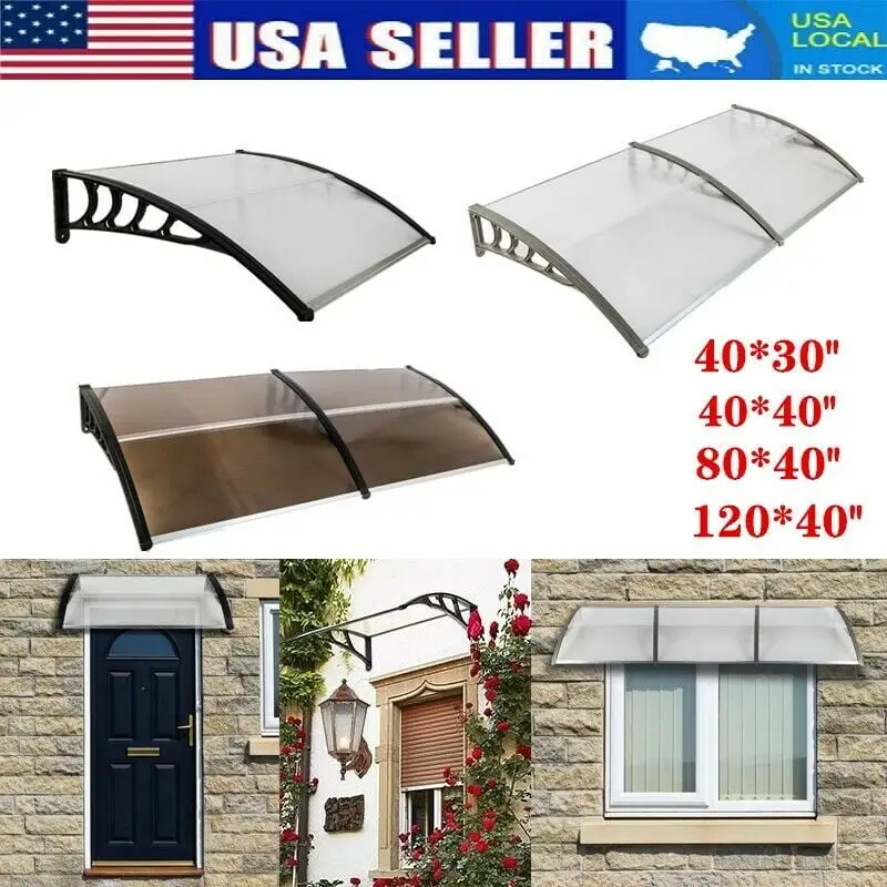 US IN STOCK- Goorabbit Window Awning Door Canopy Modern Polycarbonate Door Awning Brown & Black Bracket UV Rain Snow Sunlight Protection Hollow Sheet(38x39- Silver & Gray Bracket)