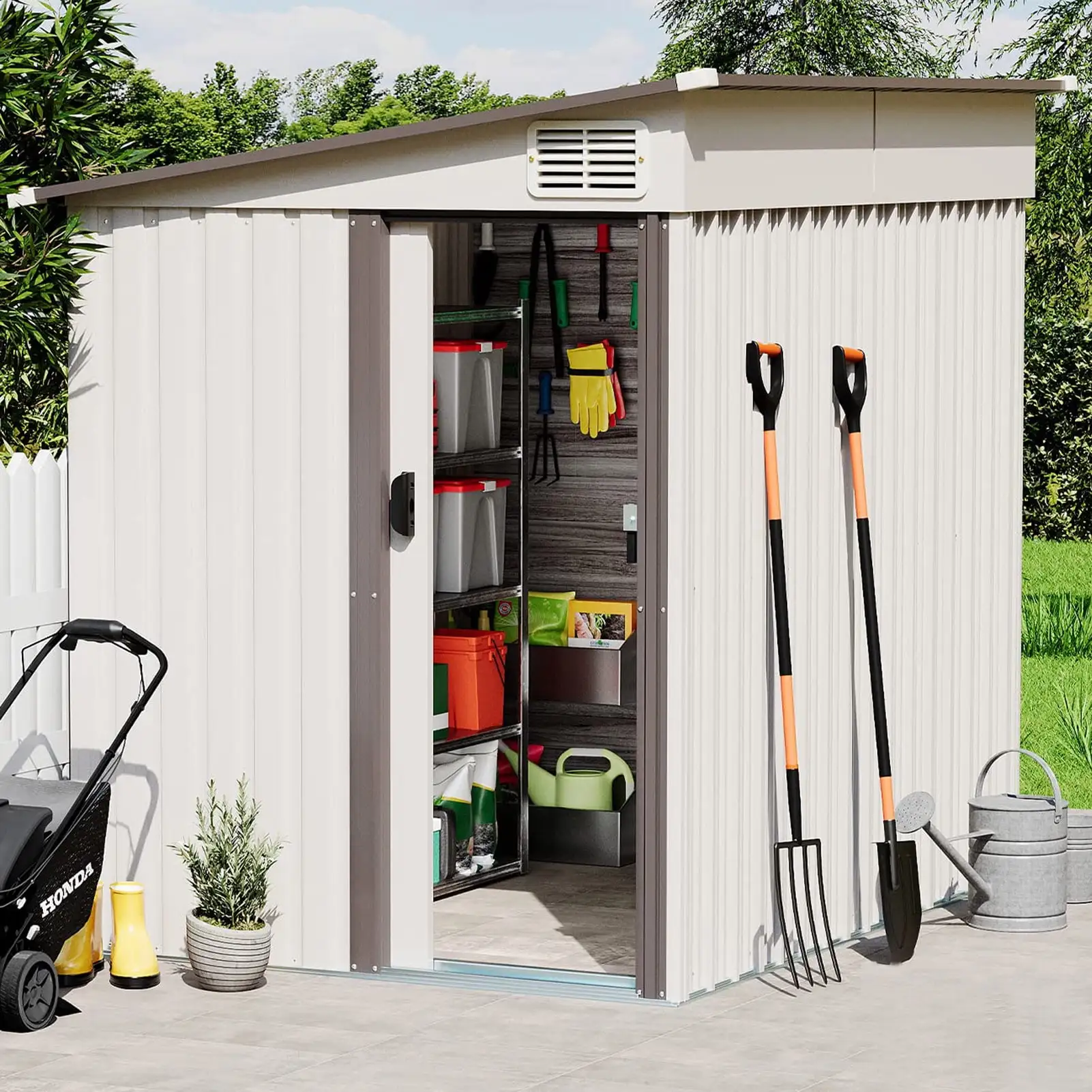 7x5 ft Outdoor Storage Shed with Sliding Lockable Door and Vents. Metal Garden Shed Tool Bike Shed Pet House Garbage Room for Backyard. Patio. Lawn. White