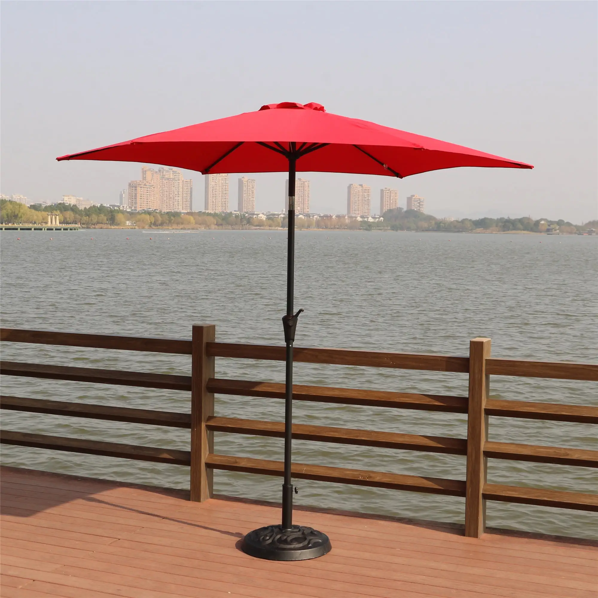 8.8 Feet Outdoor Aluminum Patio Umbrella. Pool Umbrella with 33 Pounds Round Resin Umbrella Base. Push Button Tilt and Crank Lift. Market Umbrella for Pool Deck and Garden