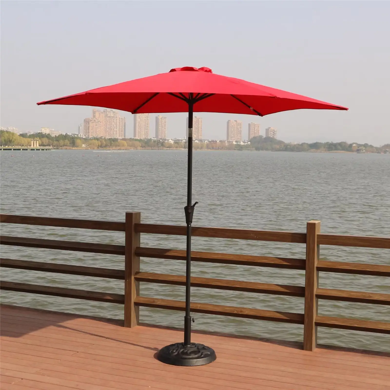 8.8 Feet Outdoor Patio Umbrella. Aluminum Market Patio Umbrella with 33 Pounds Round Resin Umbrella Base. Push Button Tilt and Crank lift. Red