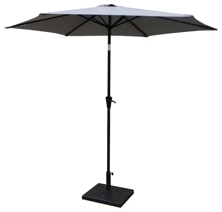 8.8 feet Outdoor Aluminum Patio Umbrella. Patio Umbrella. Market Umbrella with 42 Pound Square Resin Umbrella Base. Push Button Tilt and Crank lift. Gray