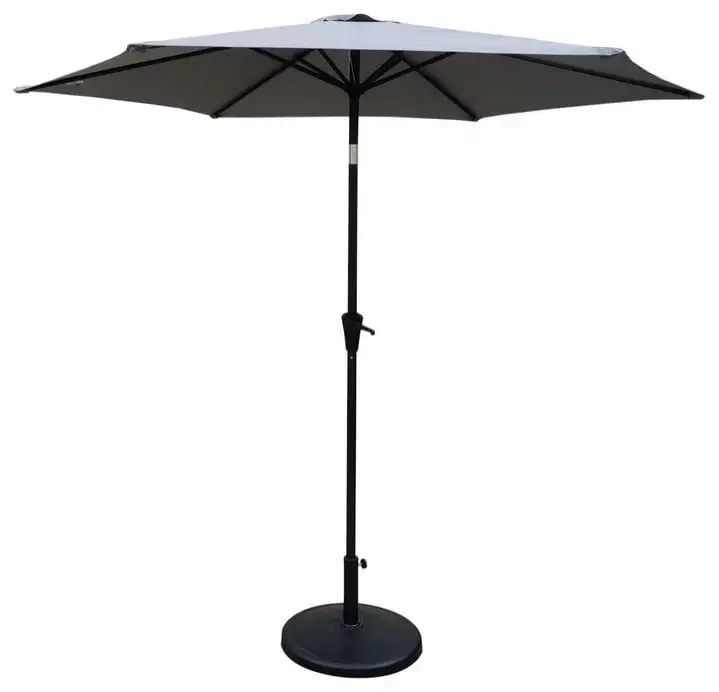 8.8 feet Outdoor Aluminum Patio Umbrella. Patio Umbrella. Market Umbrella with 42 pounds Round Resin Umbrella Base. Push Button Tilt and Crank lift. Gray