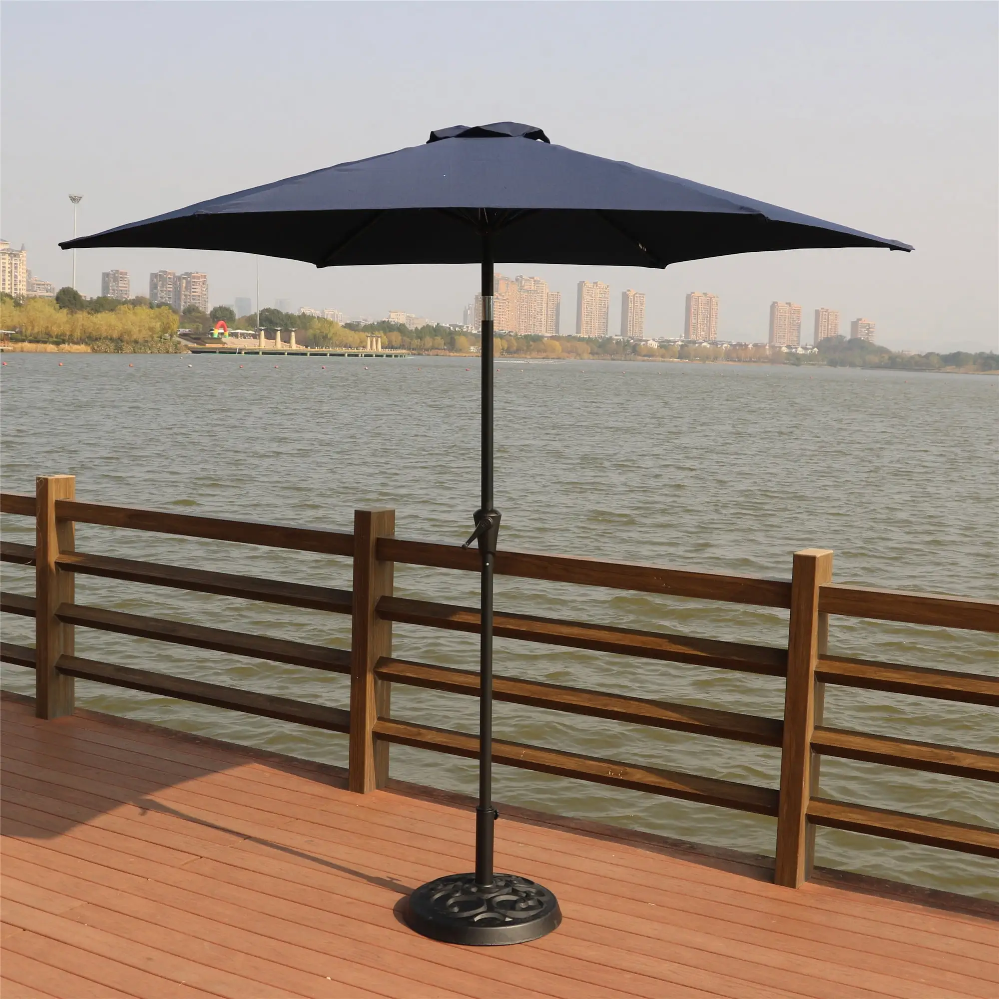 8.8 feet Outdoor Aluminum Patio Umbrella. Patio Umbrella. Market Umbrella with 33 pounds Round Resin Umbrella Base. Push Button Tilt and Crank lift