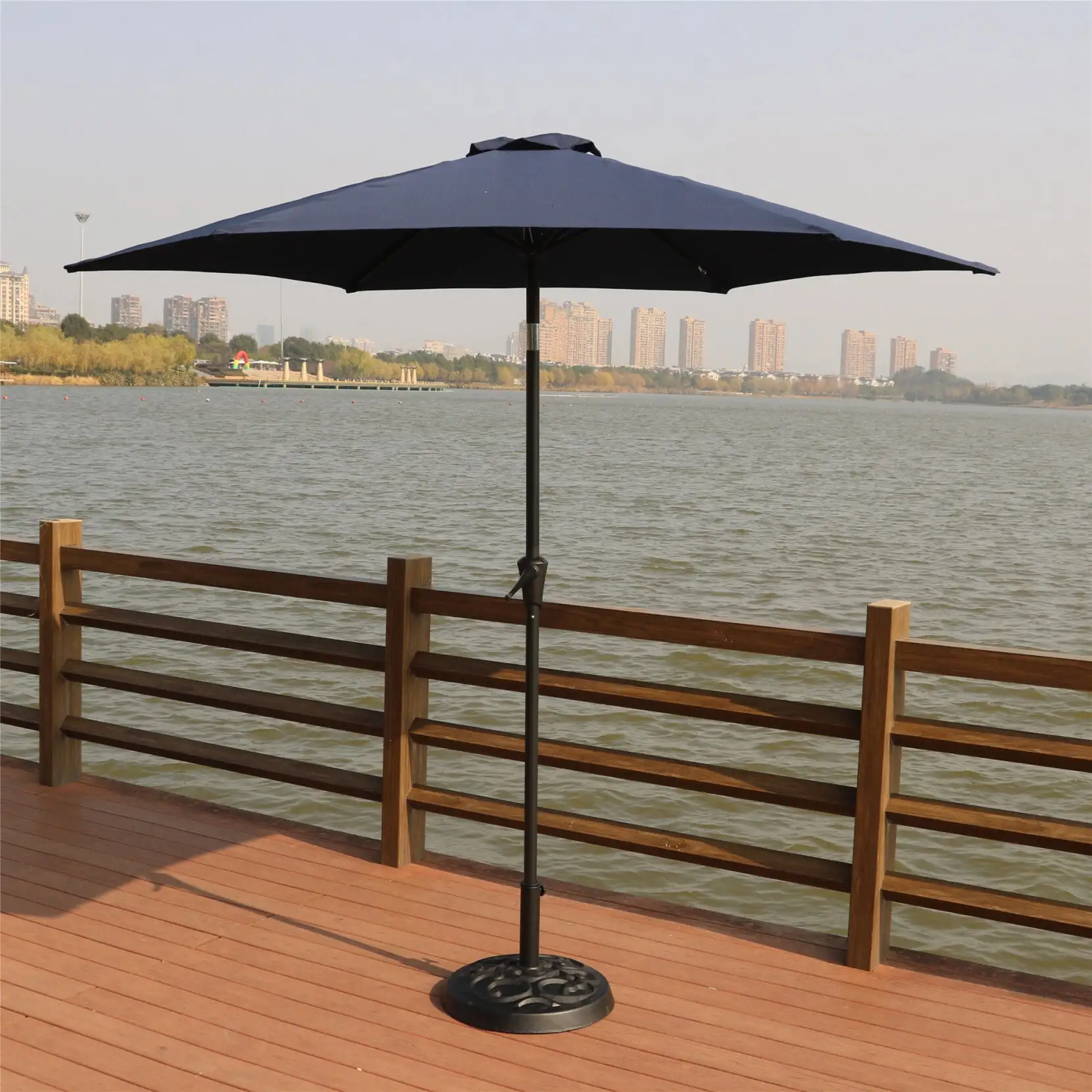 8.8 feet Outdoor Aluminum Patio Umbrella. UV Protected outdoor Umbrella with Crank lift and Push Button Tilt. 33 pounds Round Resin Umbrella Base. for Patio. Market. Garden. Deck. Navy Blue