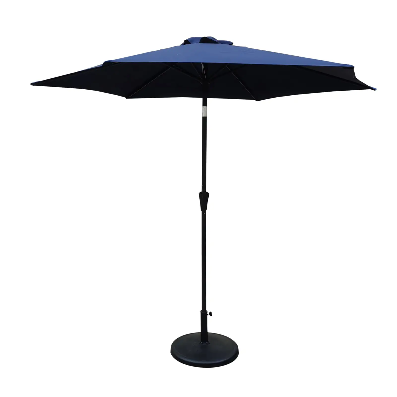 8.8 ft Outdoor Aluminum Patio Umbrella. Market Umbrella with 42 pounds Round Resin Umbrella Base. Push Button Tilt and Crank lift. Fade Resistant & Water Proof Umbrella. Navy Blue