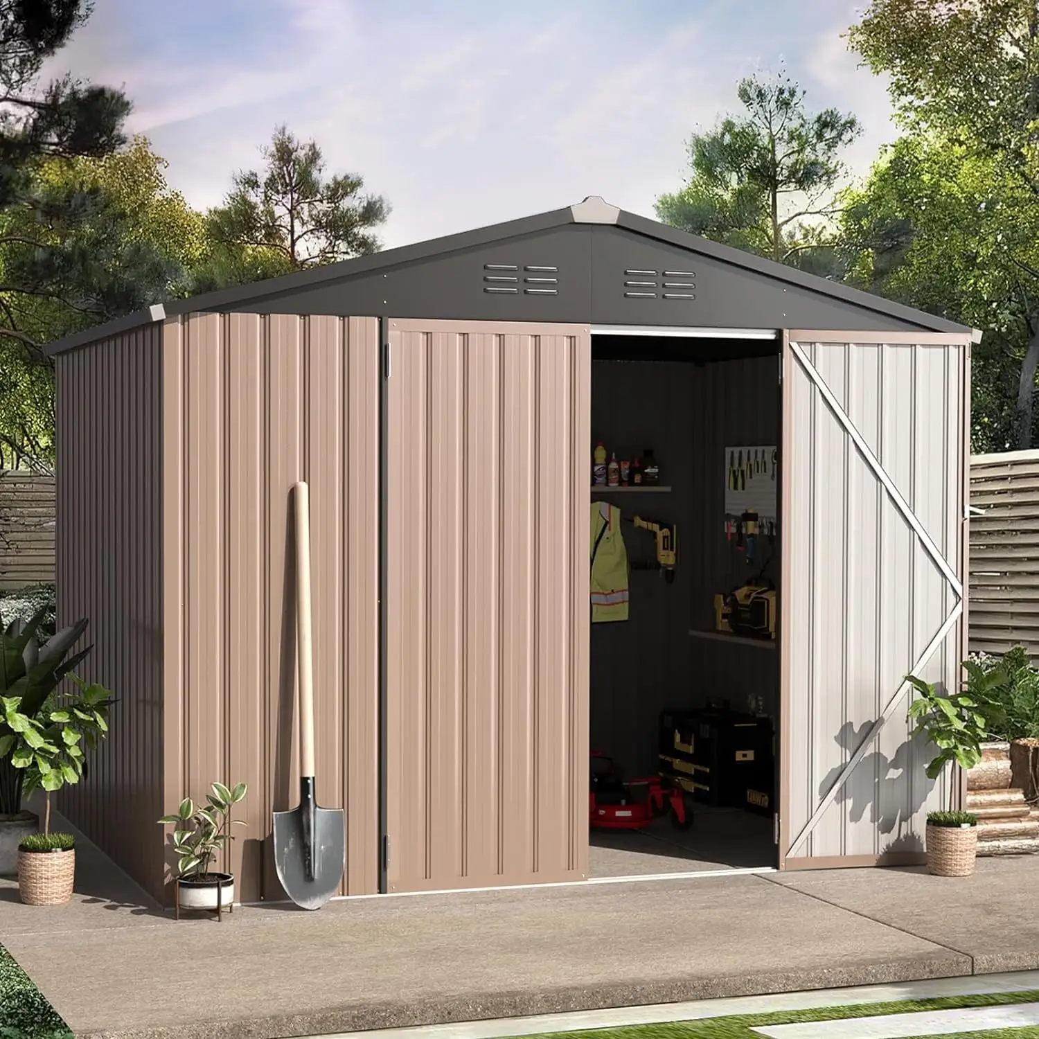 8' X 6' Metal Storage Shed For Ourdoor. Steel Yard Shed (53 Sq.Ft Land) With Design Of Lockable Doors. Utility And Tool Storage For Garden. Backyard. Patio. Outside Use