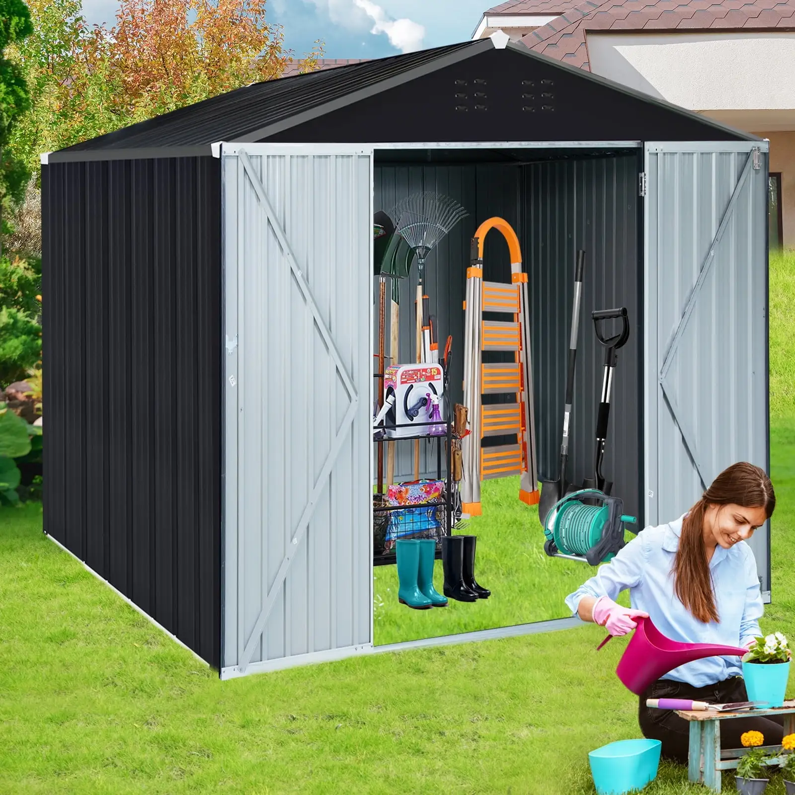 8 x 10 FT Large Outdoor Storage Shed. Metal Garden Shed for Bike. Lawnmower. Sheds & Outdoor Storage for Backyard Patio with Lockable Doors. Black