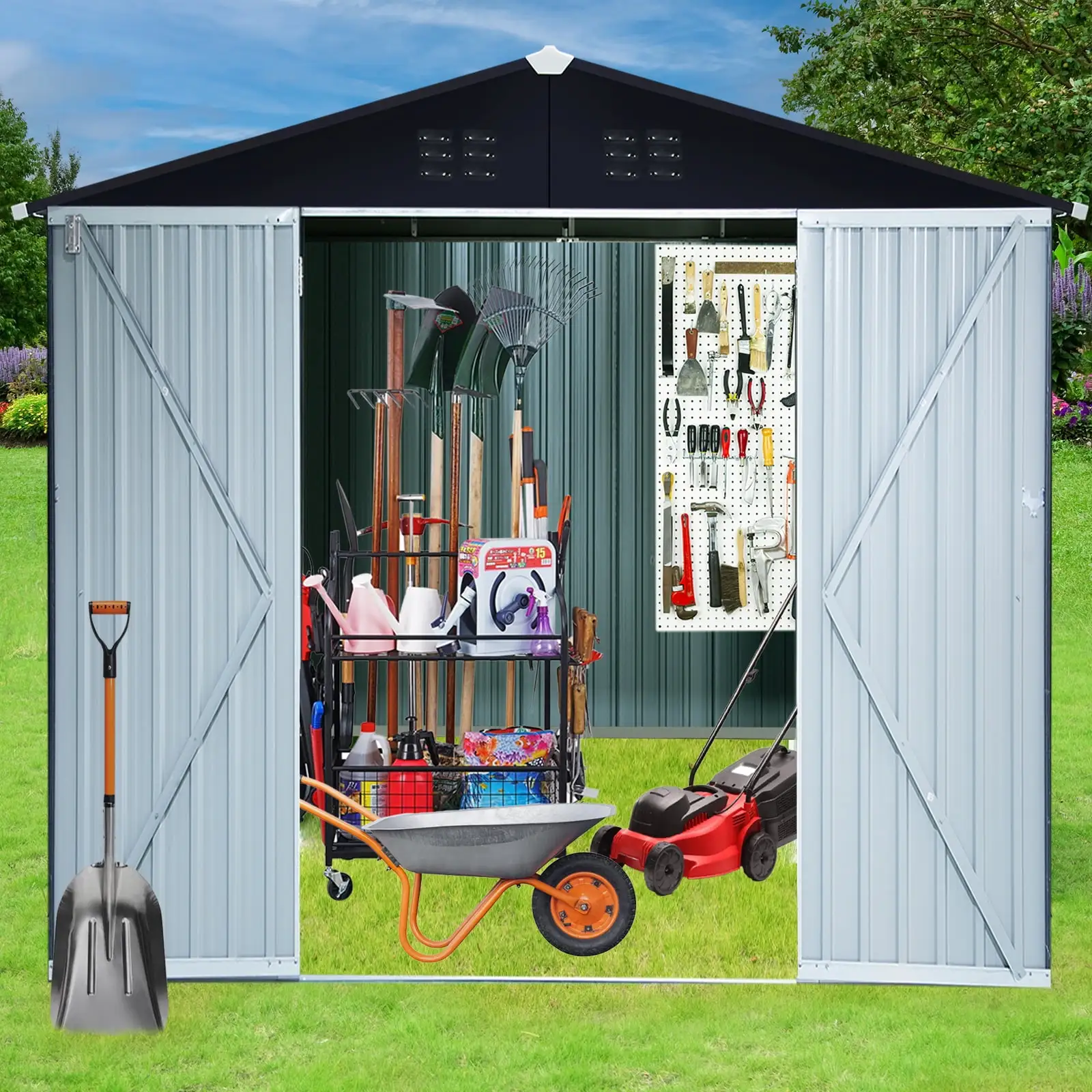 8' x 10' Outdoor Metal Storage Shed. Tools Storage Shed. Galvanized Steel Garden Shed with Lockable Doors. Outdoor Storage Shed for Backyard. Patio. Lawn. Black