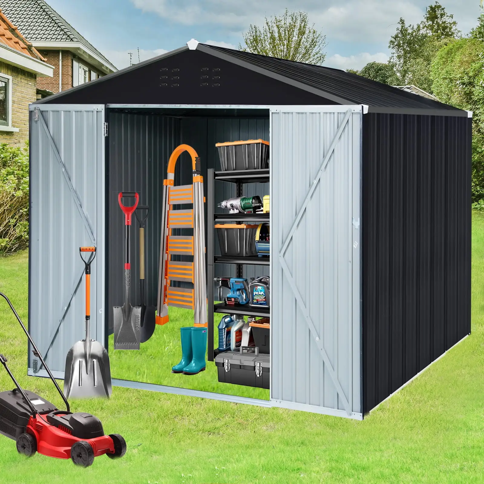 8' x 10' Outdoor Storage Shed Galvanized Metal Shed with Air Vent and Large Size Door. Waterproof Tool Storage Shed. Tiny House Garden Tool Storage Shed for Backyard Patio Lawn. Black