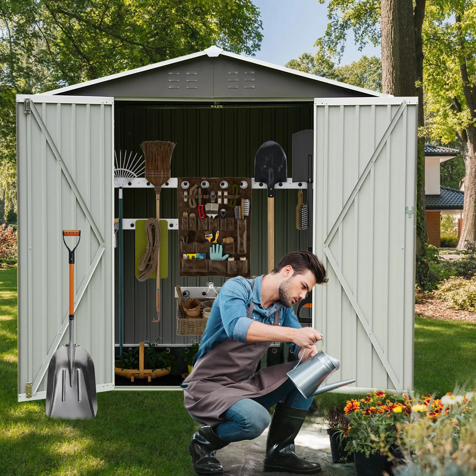 8 x 6 FT Outdoor Storage Shed. Metal Outdoor Shed with Doors and Vents. Outdoor Tool Storage Shed Garden Shed Tool Sheds for Outdoor Patios. Garden. Lawn. Gray