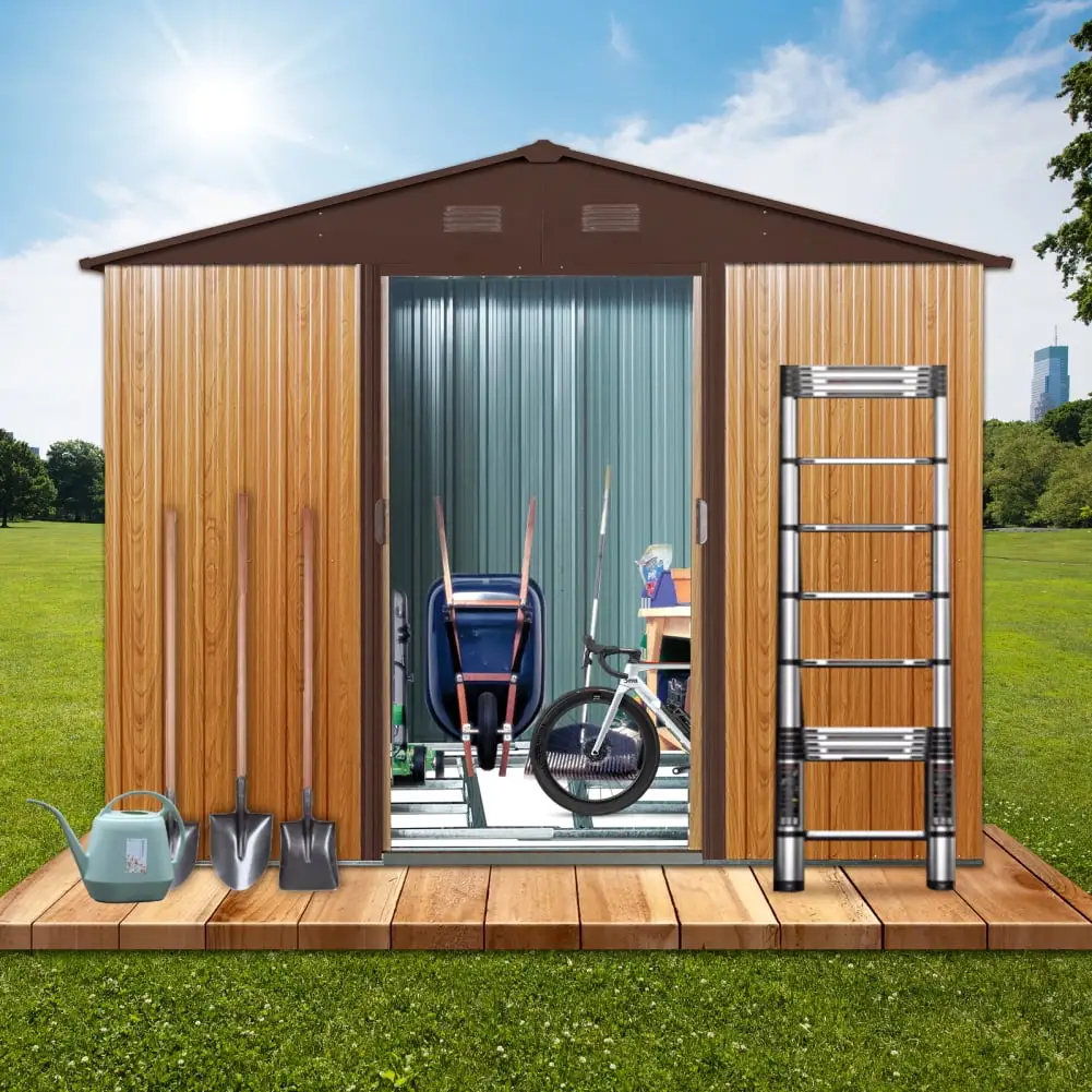 8' x 6' Outdoor Metal Storage Shed. Waterproof Steel Garden Shed with Lockable Slide Doors and Air Vent and Floor. Tiny House Utility and Tool Storage for Backyard Patio Lawn