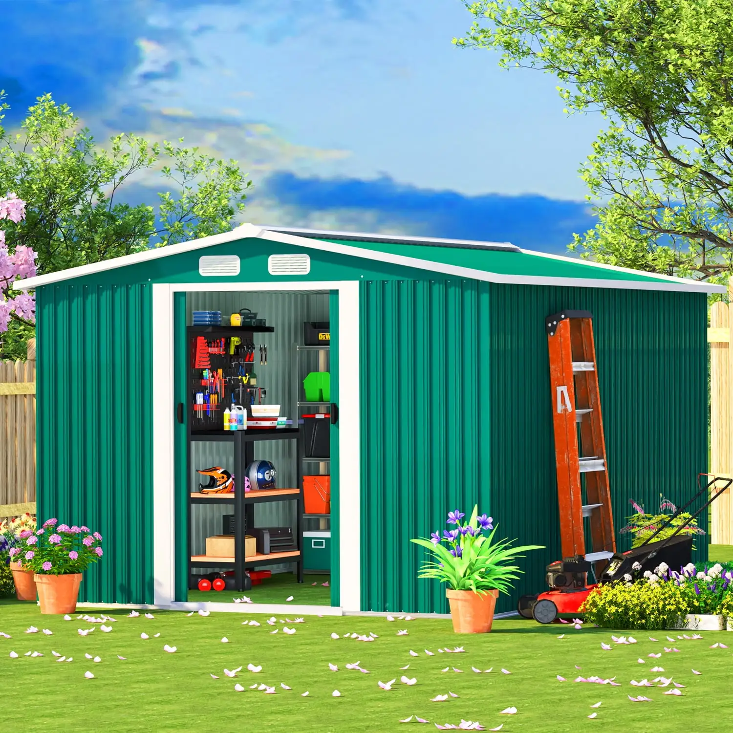 8' x 8' Outdoor Metal Storage Shed. Metal Shed & Outdoor Storage with Sliding Door. Tools Storage Shed. Steel Garden Shed. Outdoor Storage Shed for Backyard. Green