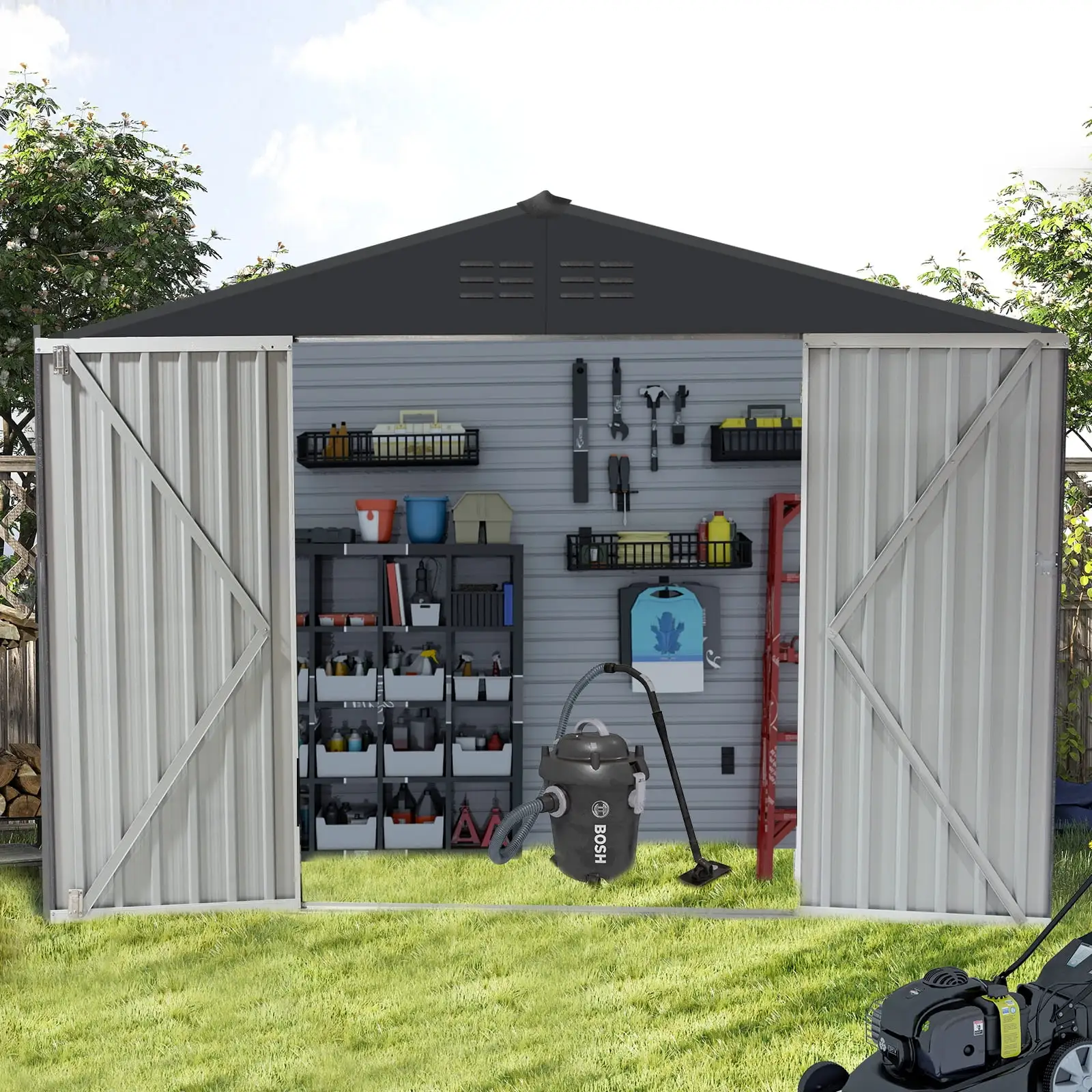 8'x8' Metal Outdoor Storage Shed. Large Heavy Duty Tool Sheds with Lockable Doors & Air Vent for Backyard Patio Lawn to Store Bikes. Tools. Lawnmowers.Dark Gray