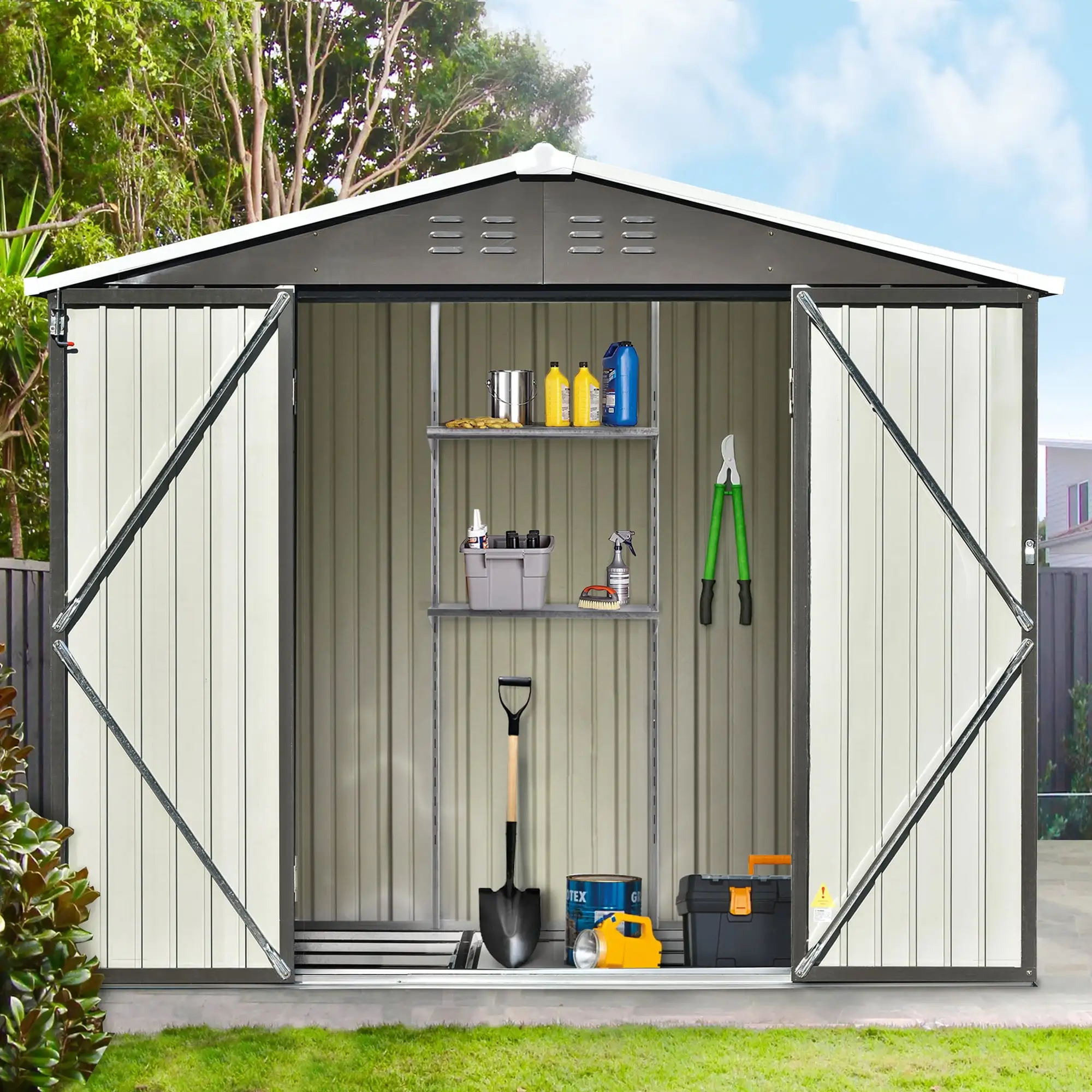 TOPMAX Patio 8ft x6ft Bike Shed Garden Shed. Metal Storage Shed with Adjustable Shelf and Lockable Doors.