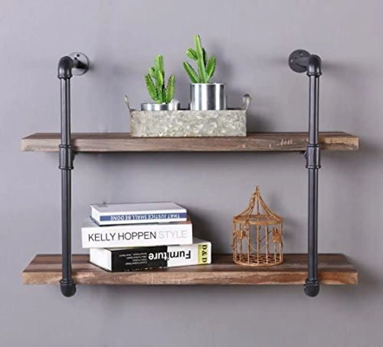 Industrial Pipe Shelf - 2 Tier Wall Shelves - Hanging Iron Shelving Floating Mounted Brackets Vintage Rustic MDF Wood Pieces Finish Furniture