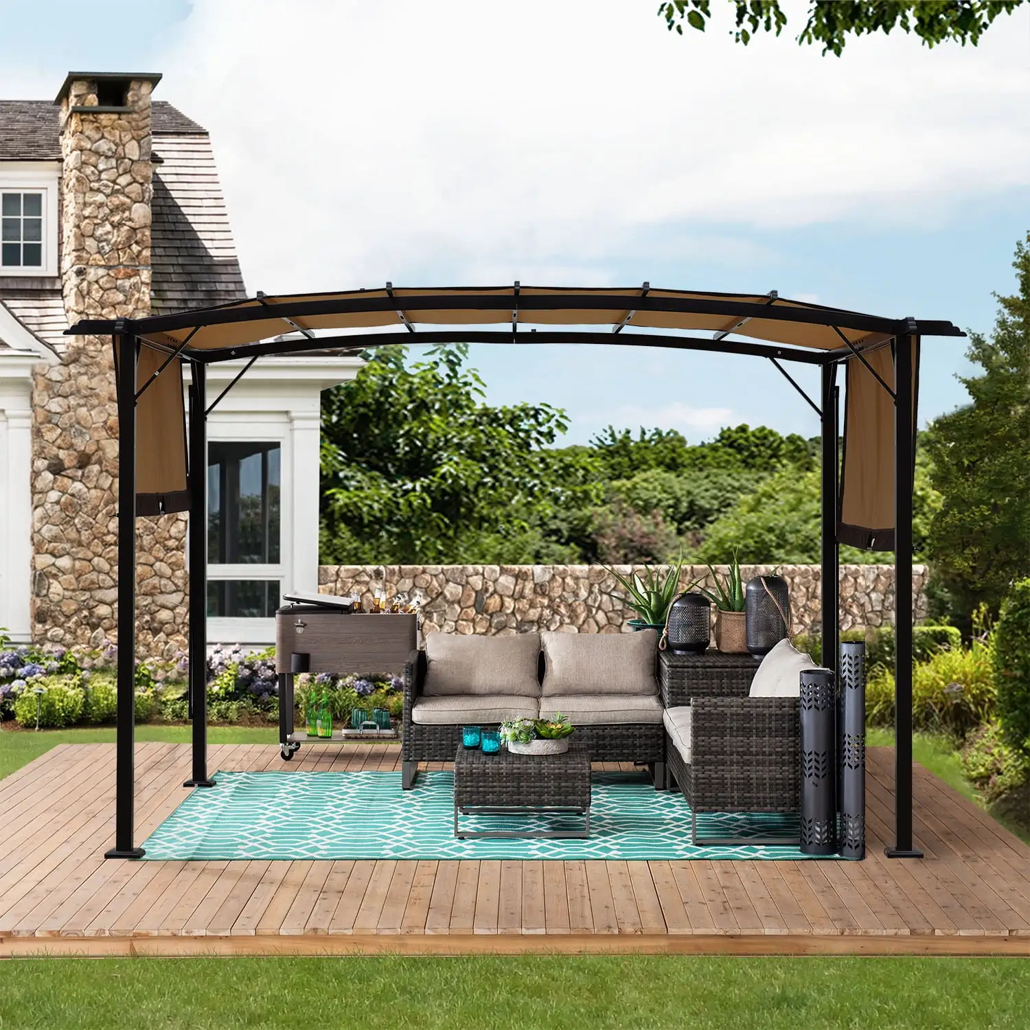 12' x 9' Outdoor Patio Retractable Canopy Steel Pergola with Adjustable Shade.Beige