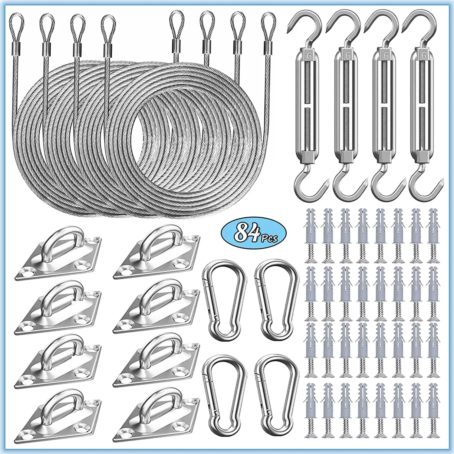 84 Pcs Sun Shade Sail Hardware Kit with Cable Wire Rope for Rectangle Square Triangle Shade Sail Installation. 6 inch 304 Grade Stainless for Garden.Outdoors.DIY Crafts.Railing