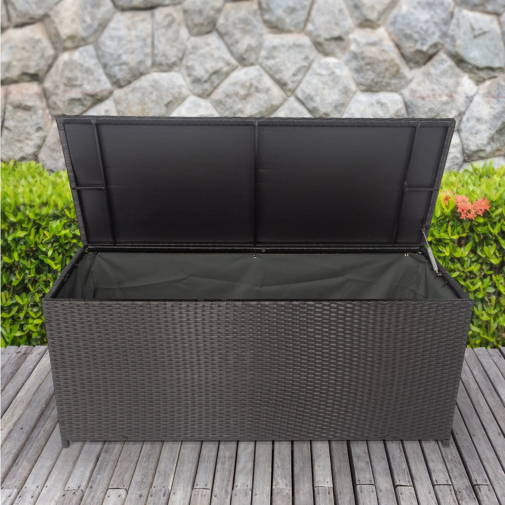 Dcenta Storage Box. 113 Gallon Wicker Patio Deck Boxes with Lid. Cushion Storage Container Bin Chest for . Pillows. Towel Black