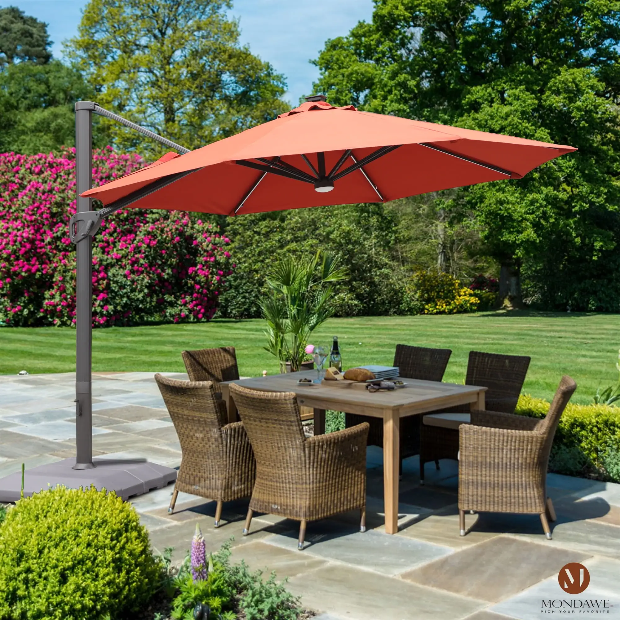 11ft LED Patio Offset Umbrella Hanging Cantilever Umbrella with Base.Water Repellent UV Protection for Garden