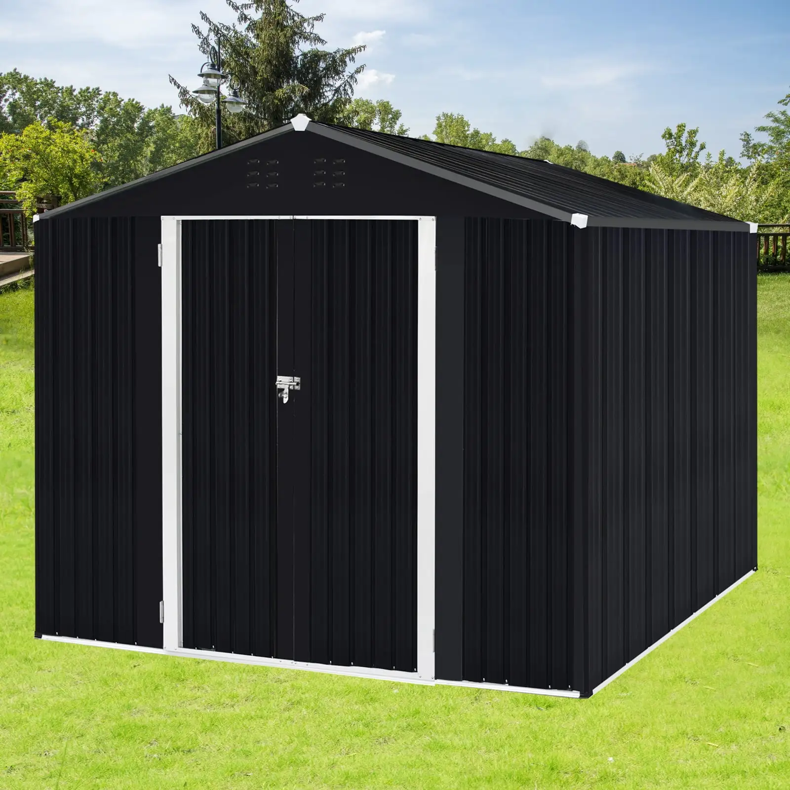 8ft x 10ft Outdoor Metal Steel Storage Shed with Sloping Roof & Double Lockable Door. for Backyard. Garden. Dark Gray + White