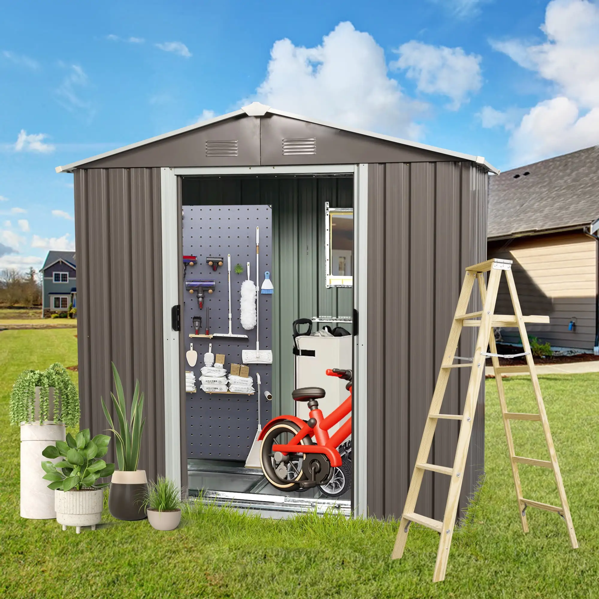 8ft x 4ft Outdoor Metal Storage Shed with Window and Sliding Door - Sturdy Garden Shed for Outdoor Storage. Tools. and Equipment