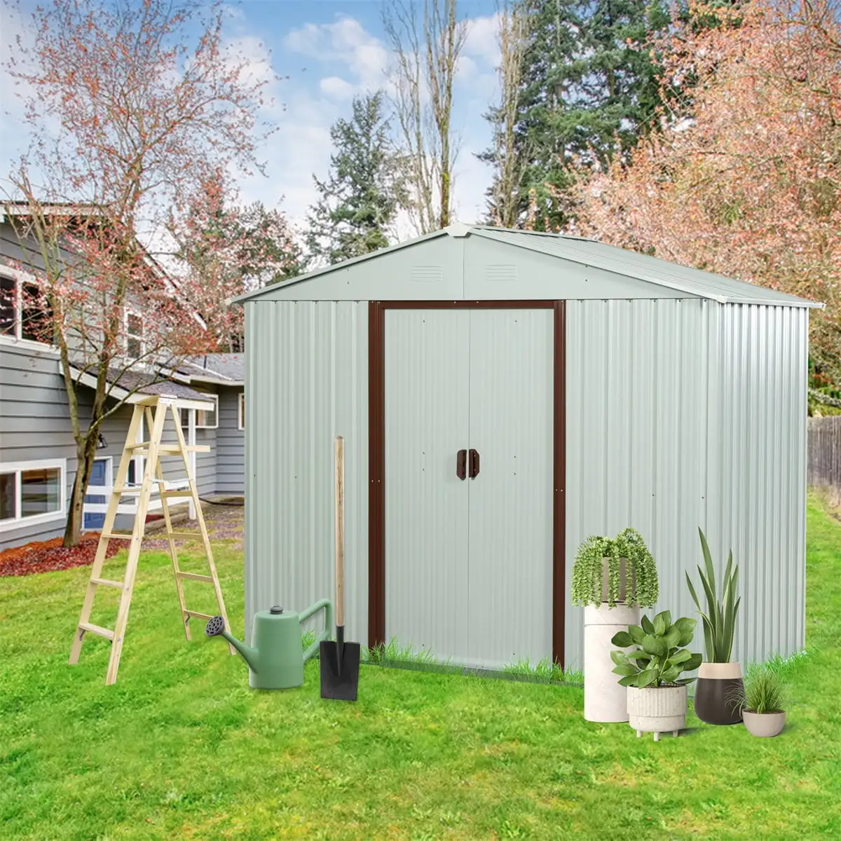 8ft x 4ft Outdoor Storage Shed With Sliding Doors Padlock UV Resistant Steel Panels Metal Garden Shed For Backyard Patio Lawn