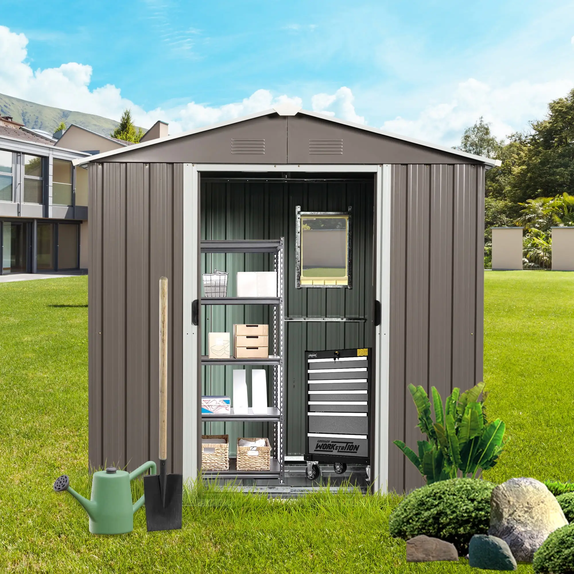 8ft x 4ft Storage Sheds Outdoor with Sloped Roof. Metal Garden Sheds Tool House with Lockable Doors Gray