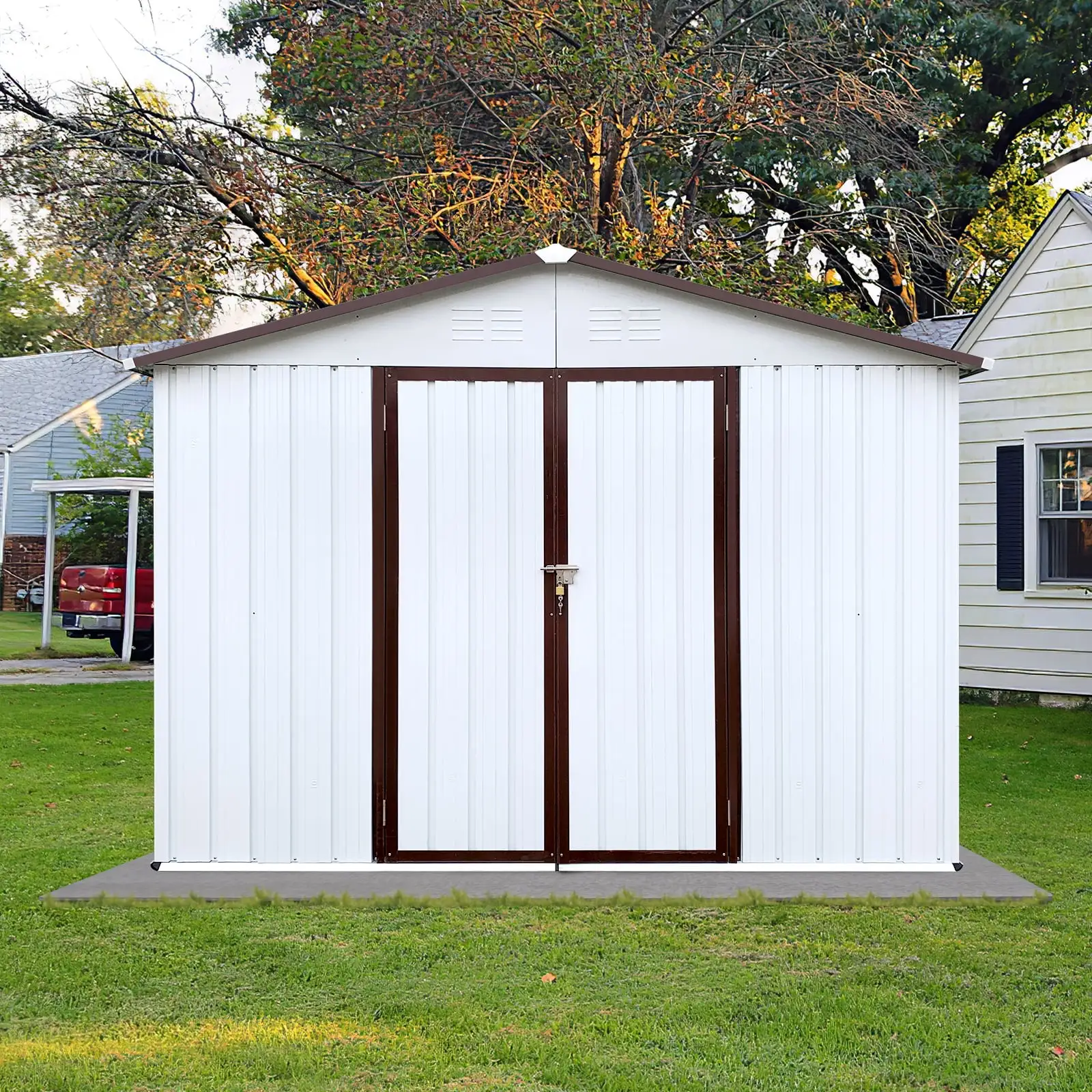 8ft x 6ft Sheds and Outdoor Storage. Metal Storage Shed with Single Lockable Door for Lawnmower. Garden Tools. Bike and Garbage Can. Coffee Color Outdoor Storage Cabinet