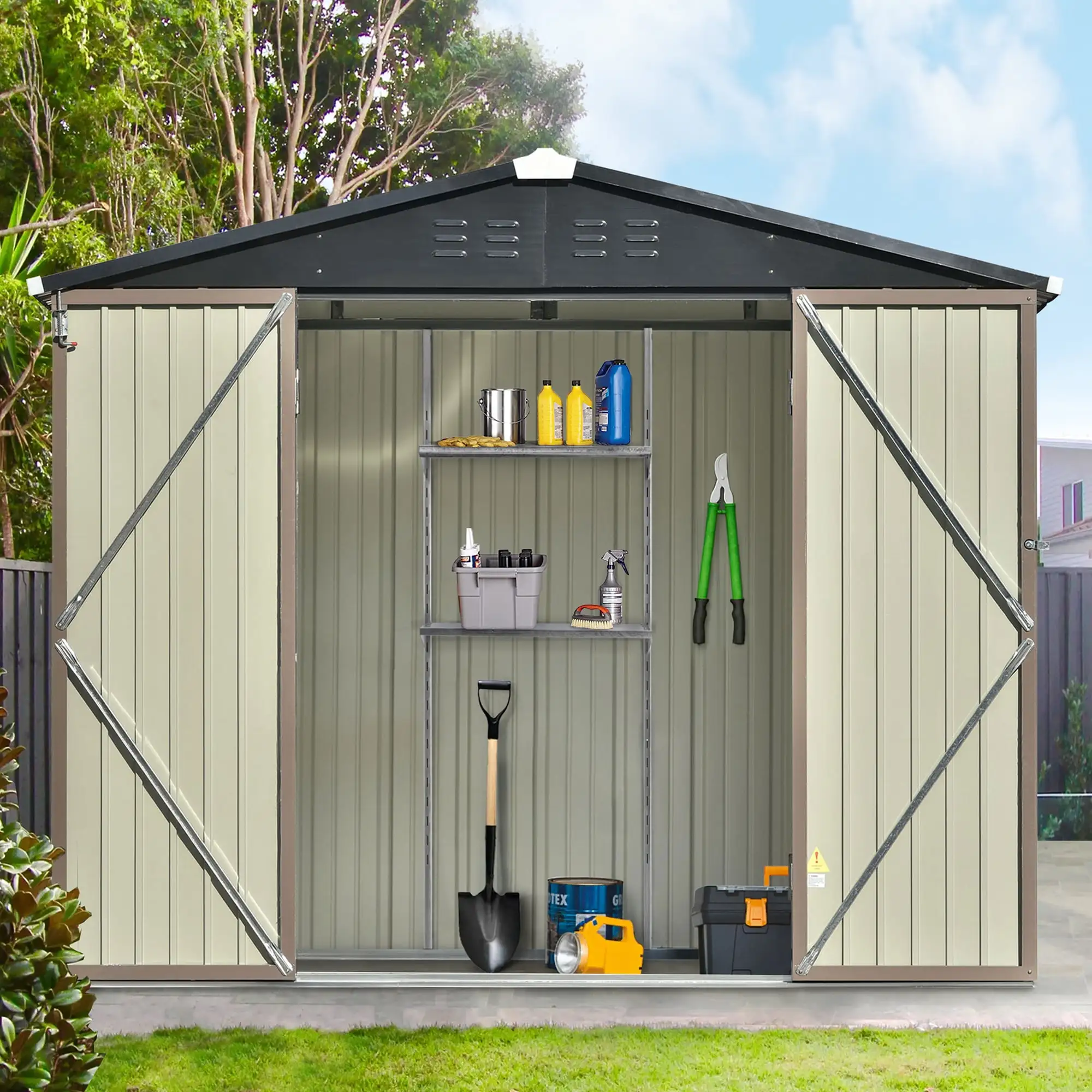 8ft x6ft Bike Shed Garden Shed. Metal Storage Shed with Adjustable Shelf and Lockable Doors. Tool Cabinet with Vents and Foundation Frame for Backyard. Lawn. Garden. Brown