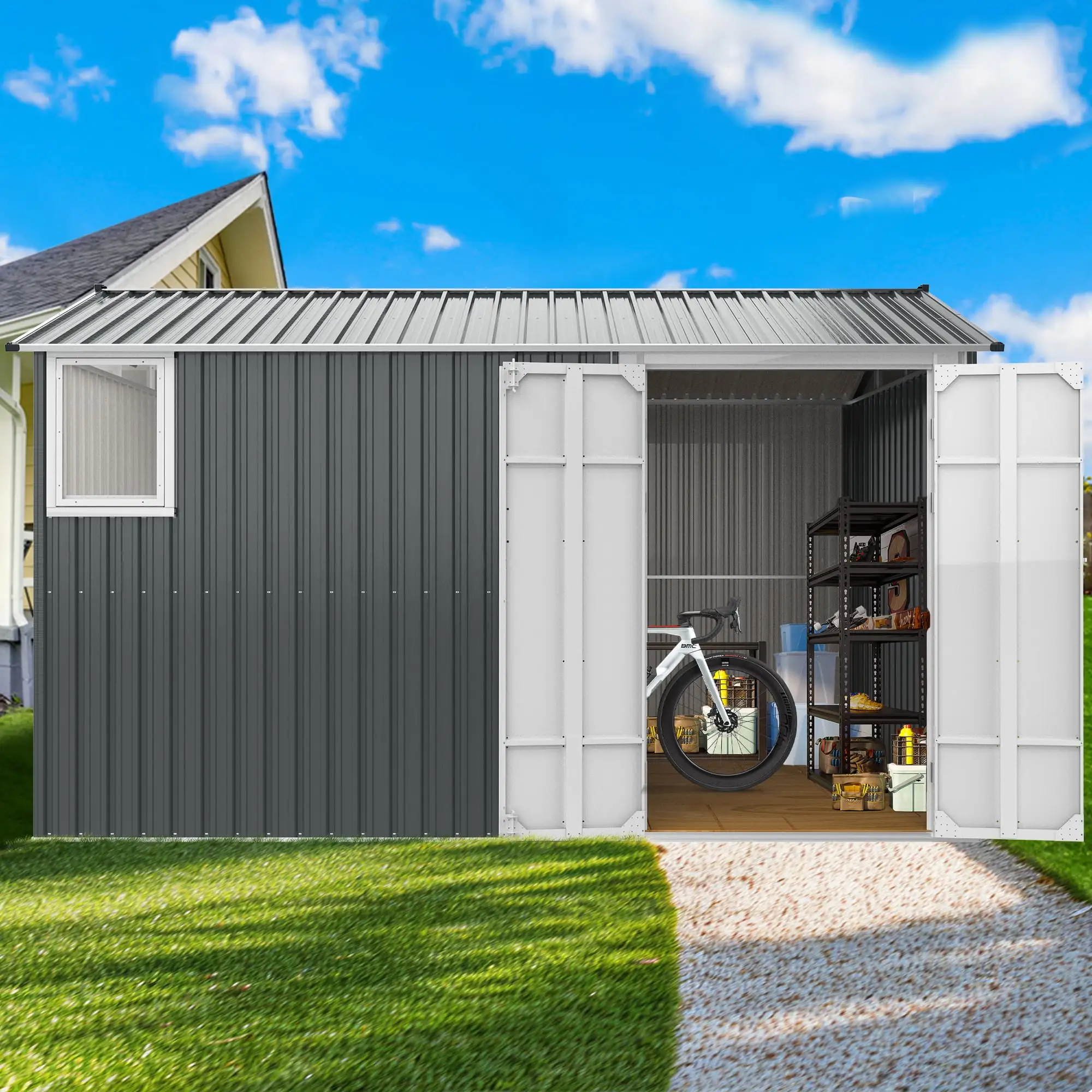 8x12 Ft Metal Outdoor Storage Shed with Window. Floor Base. Air Vents and Double Hinged Door. Waterproof Tool Storage House. Garden Sheds for Backyard Patio Lawn. Gray