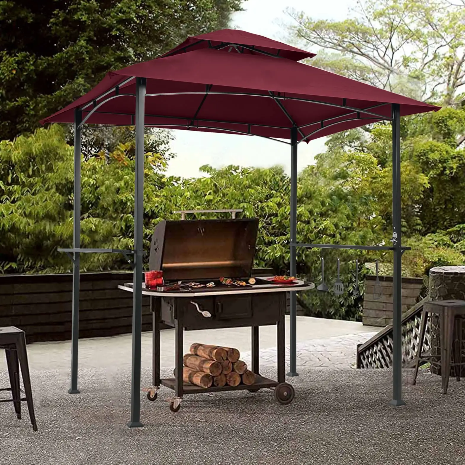 8x5Ft Outdoor Grill Gazebo. Grill Gazebo Canopy with Double Tier. Soft Top Canopy with Steel Frame. Hooks and Bar Counters. Outdoor BBQ Gazebo Shelter. Patio Canopy Tent. Burgundy