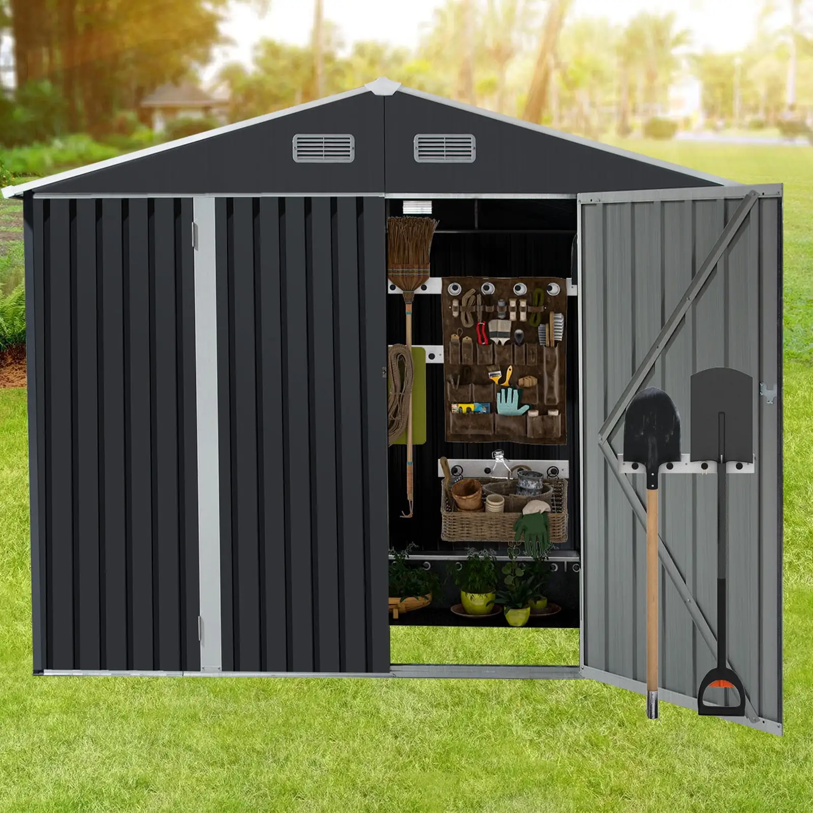 9.1'x10.5' Outdoor Storage Shed Waterproof Metal Tool House for Backyard Lawn. Gray