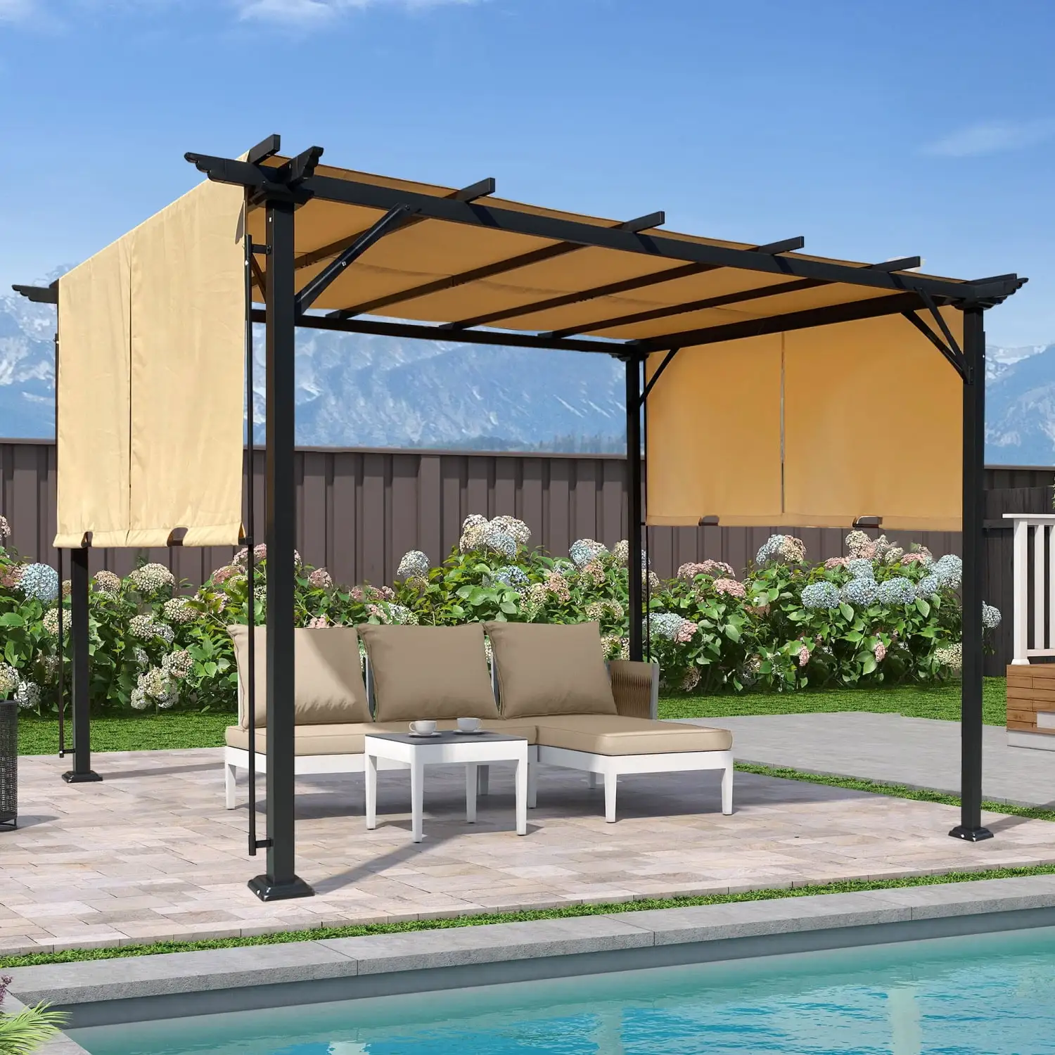 9.5 x 12 Ft Outdoor Pergola Patio Gazebo Retractable Shade Canopy Steel Frame Grape Gazebo Sunshelter Pergola for Gardens Terraces Backyard-Khaki