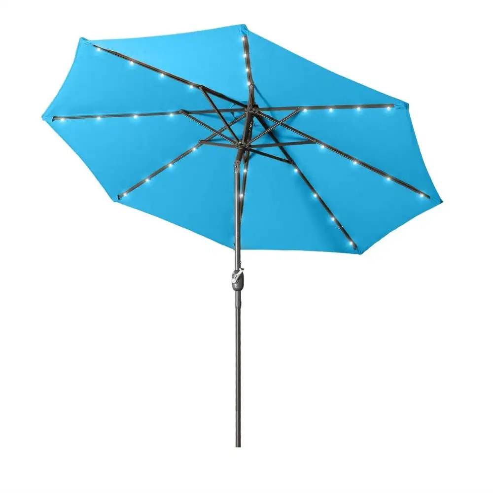 9 Ft Outdoor Umbrella with Solar Led and Adjustable Button. Waterproof Umbrella with UV-resistant for Patio Backyard Garden Party Beach. Blue