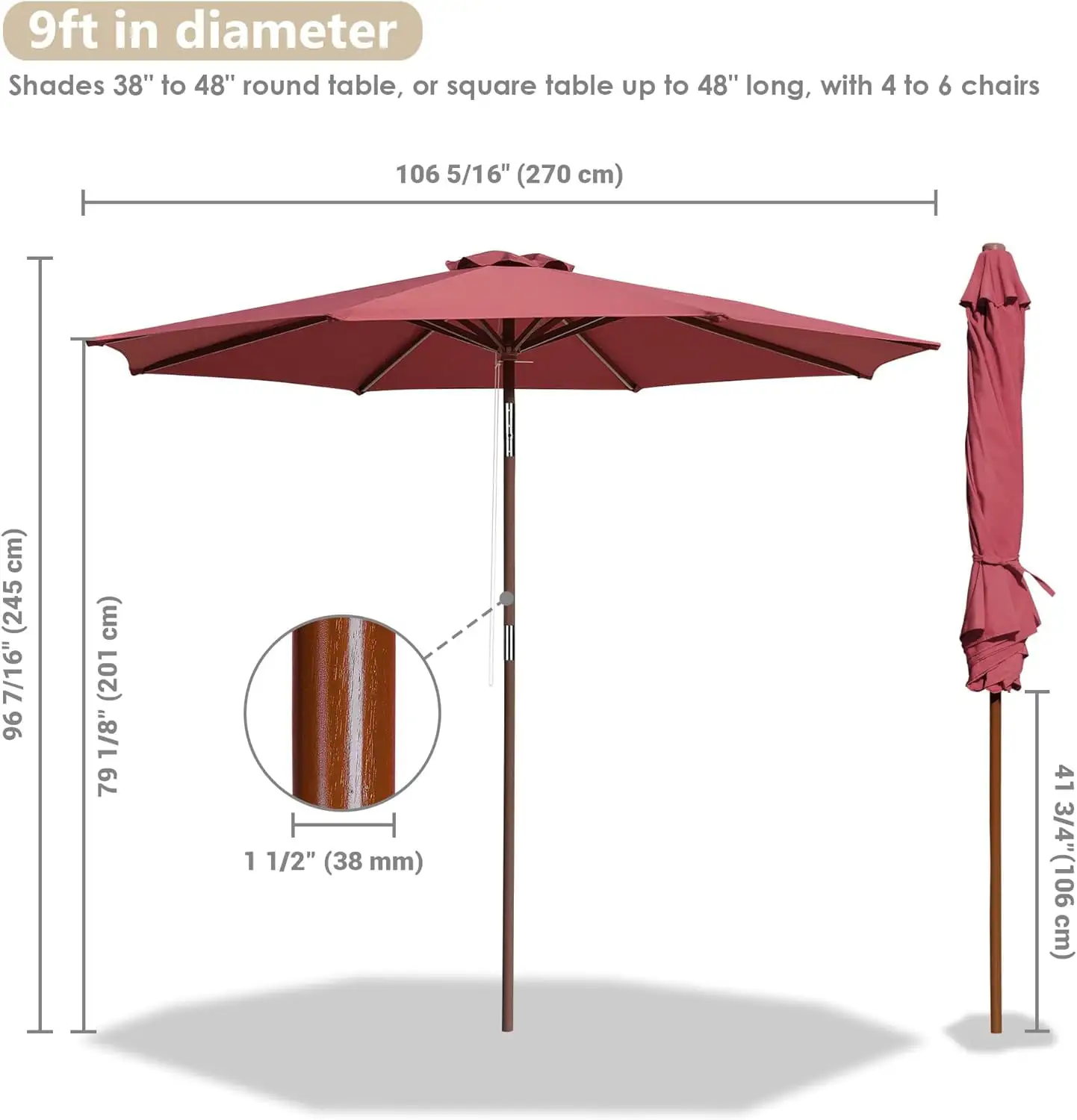 9 Ft Wooden Outdoor Patio Umbrella Market Umbrella Tiltable Design for Garden Yard Deck Pool Sunshade