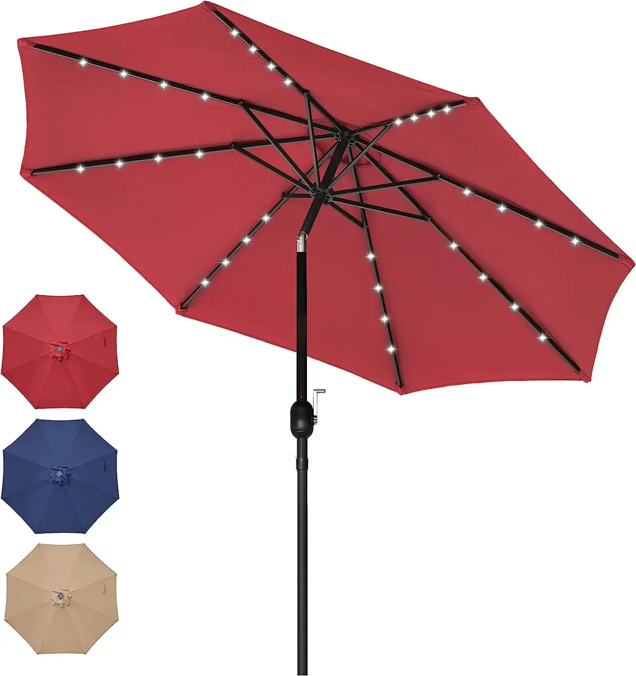 9'' Outdoor Patio Umbrella with 32 LED Lighted. Solar Umbrella with Push Button Tilt and Crank. Table Umbrella for Yards. Beaches. Gardens. Patios. Picnics. BBQ's. Easy Assembly. Without Base. Red