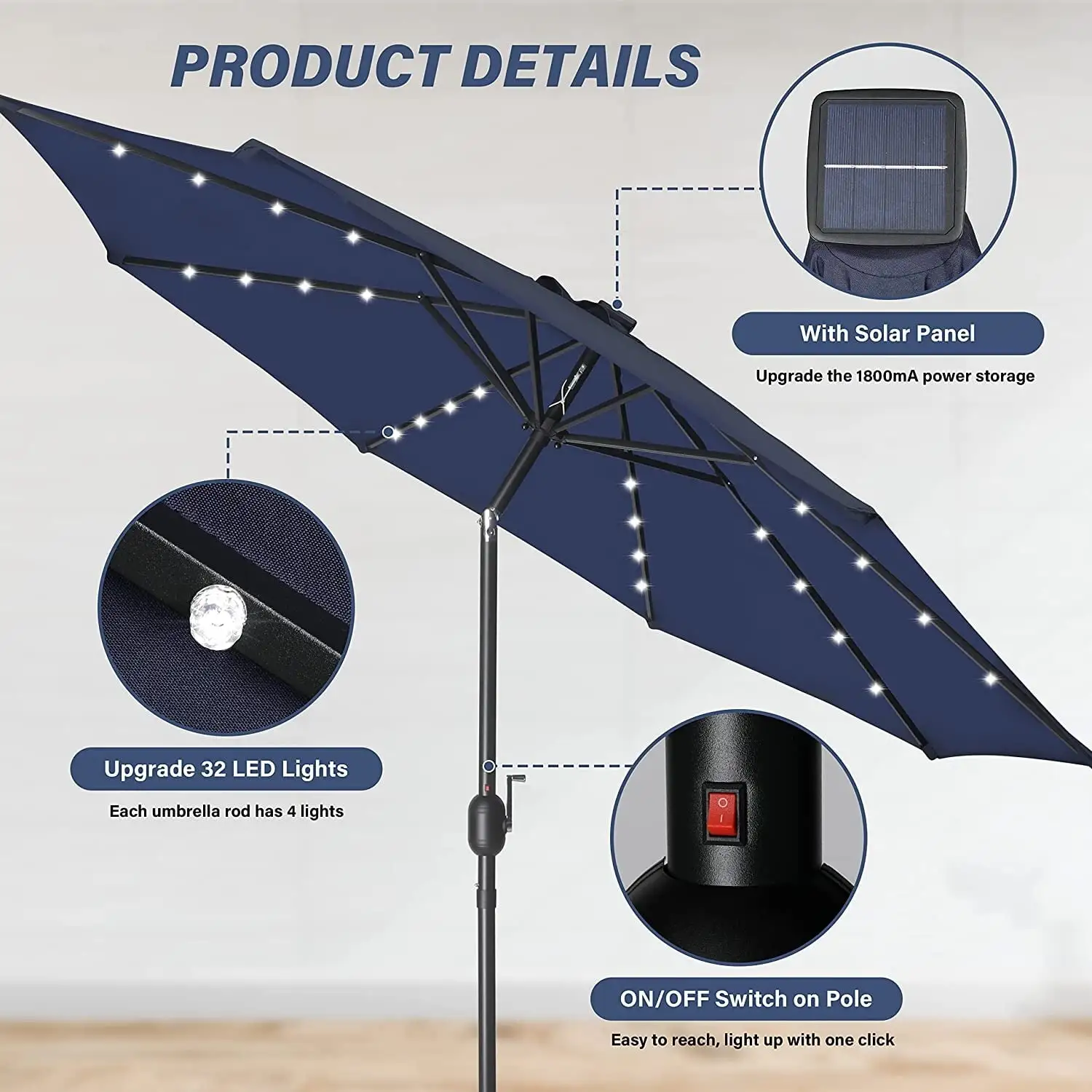 9' Outdoor Solar Umbrella 32 LED Lighted Patio Umbrella with Push Button Tilt/Crank Outdoor Umbrella for Garden. Pool Dark Blue