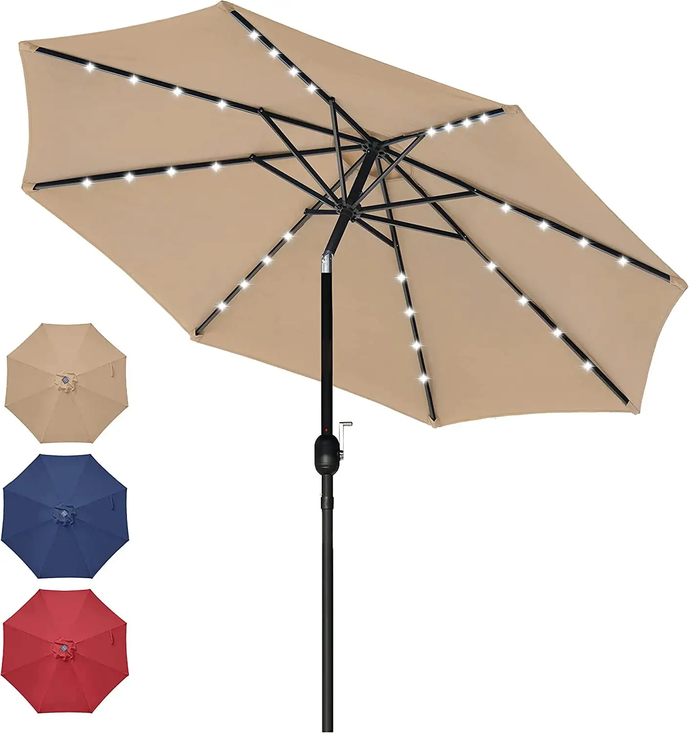 9' Solar Umbrella 32 LED Lighted Patio Umbrella Table Market Umbrella with Push Button Tilt/Crank Outdoor Umbrella for Garden. Deck. Backyard and Pool. Tan