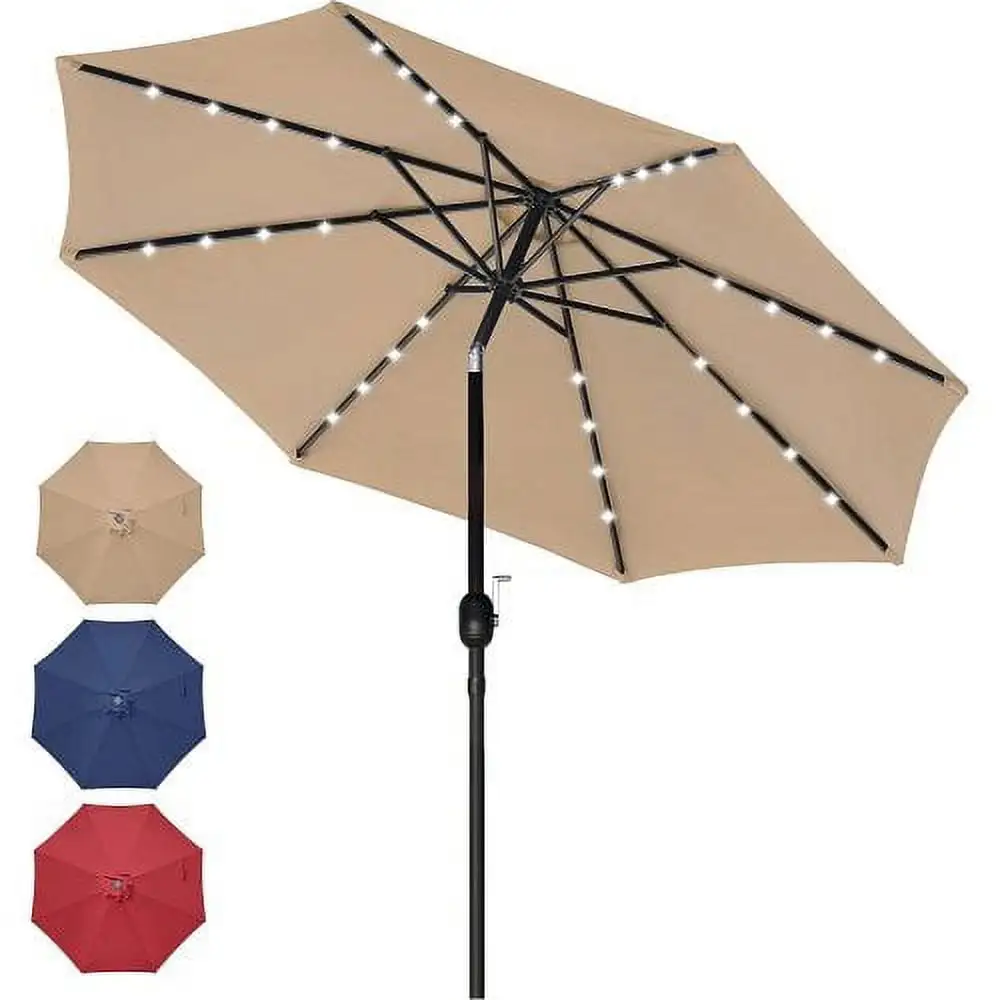 9' Solar Umbrella 32 LED Lighted Patio Umbrella Table Market Umbrella with Push Button Tilt/Crank Outdoor Umbrella for Garden. Deck. Backyard and Pool