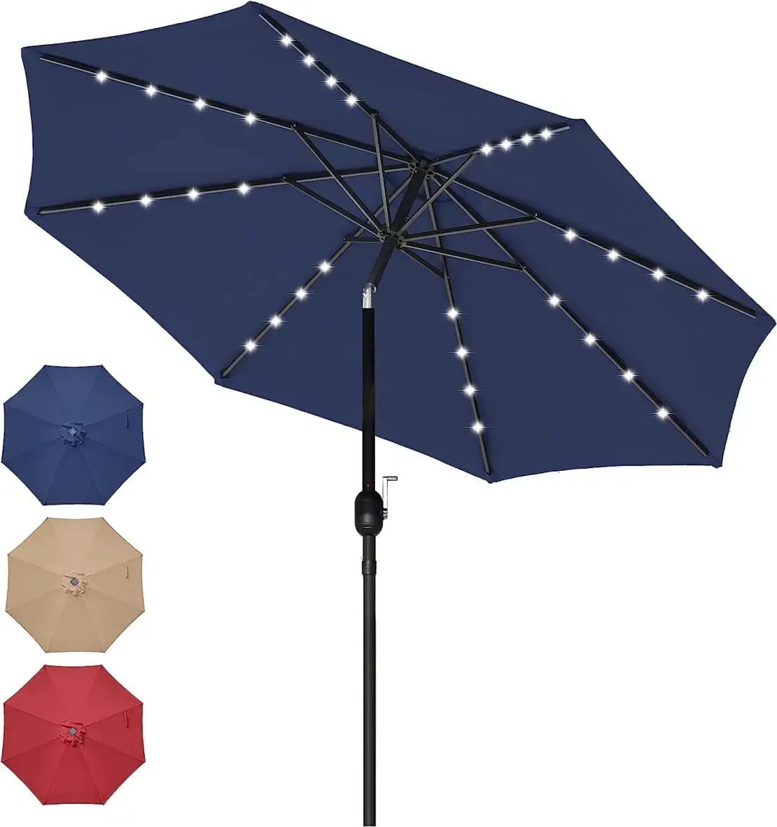 9' Solar Umbrella With 32 LED Lighted. Push Button Tilt And Crank. Patio Umbrella Table Market Umbrella With 8 Sturdy Ribs for Garden. Deck. Backyard and Pool. Dark Blue