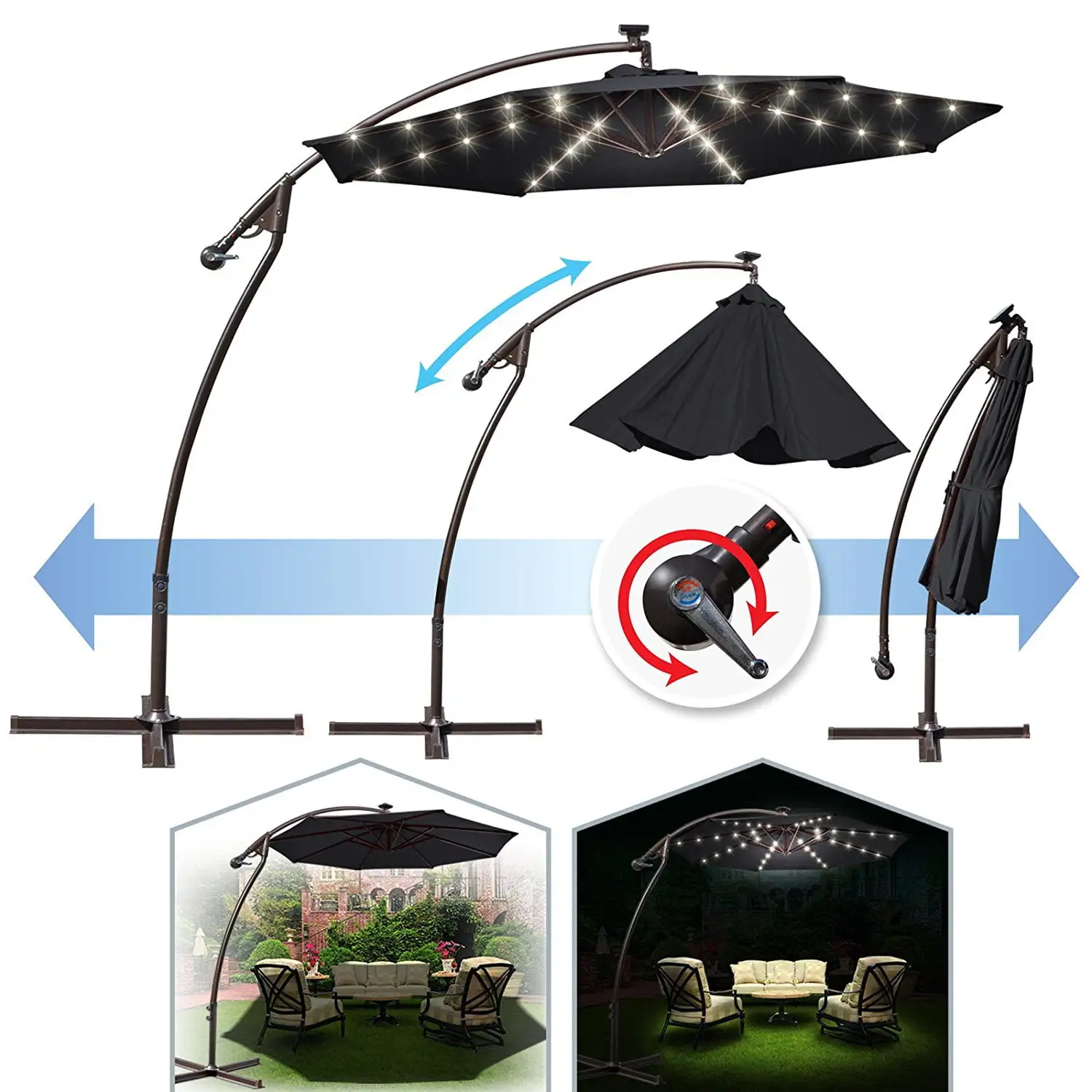 9 ft Cantilever Solar Powered LED Light Patio Offset Hanging Umbrella Outdoor Garden Black