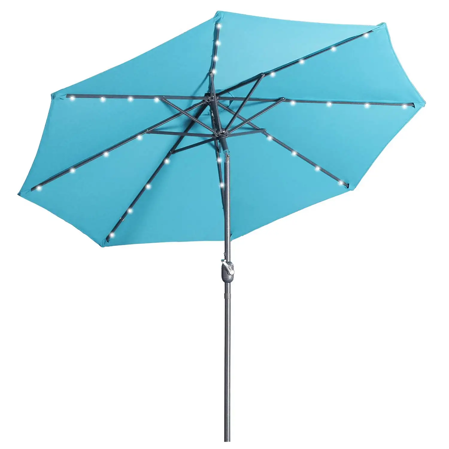 9 ft Solar Umbrella 32 LED Lighted Patio Umbrella Table Market Umbrella with Tilt and Crank Outdoor Umbrella for Garden. Deck. Backyard. Pool and Beach (Lake Blue)